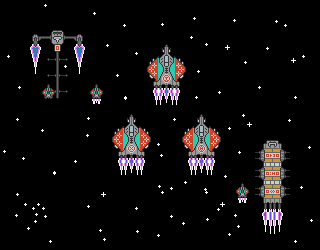 three trapezoidal-winged space fighters in formation on a starry background. they're flanked by a few more ships in the distance- a spindly pod-freighter, retasked to carrying the fighters; and a bulky transport whose bays have been hollowed to make way for fighter repair docks. each of those has its own fighter flying alongside. the fighters' wings are orange and each have a three-star emblem on them, and each fighter has a circular designation emblem in the middle.