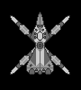 Pixel art in grays of a spaceship with an arrowhead front and a wide back. It is studded with a cockpit and docking port as well as searchlights on top, and beneath are a set of robotic legs with small 'thighs', wide 'calves', and a pointed foot.