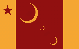 A red flag with a yellow vertical bar on either side (the left bar having a red star near the top) and three yellow crescents of varying sizes.