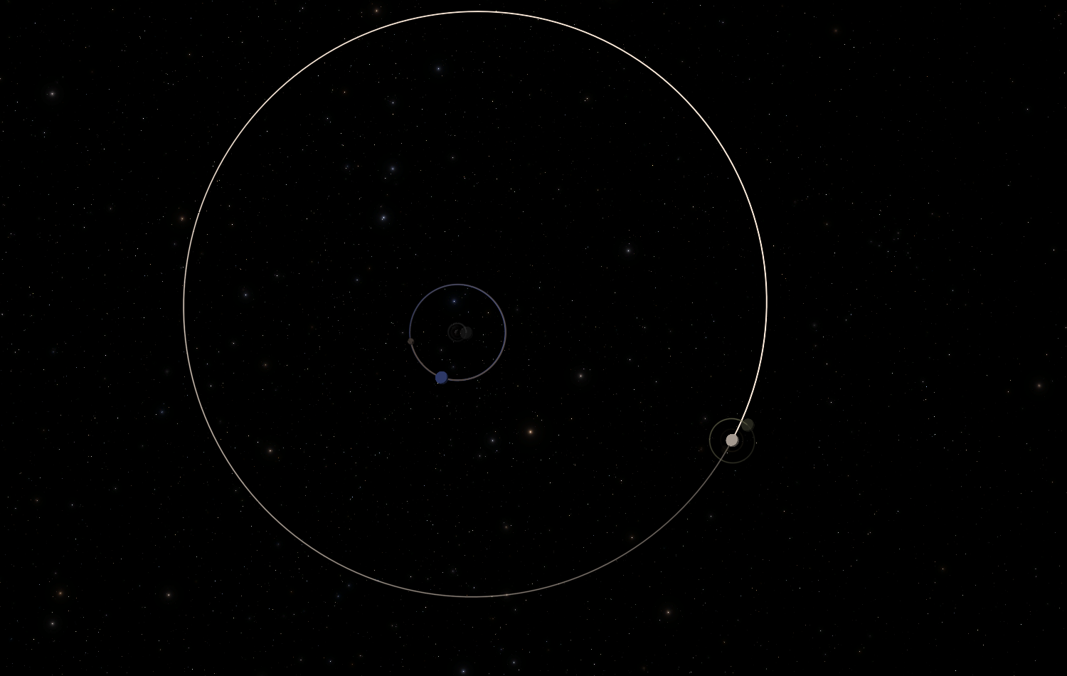 Mesbin and its moons, with Mesbin barely visible as a disk in the center. It is surrounded by orbits- dim gray Graymun, blue Kerbmun and brown Troymin, the white of Derbin, and dim green Dermun.