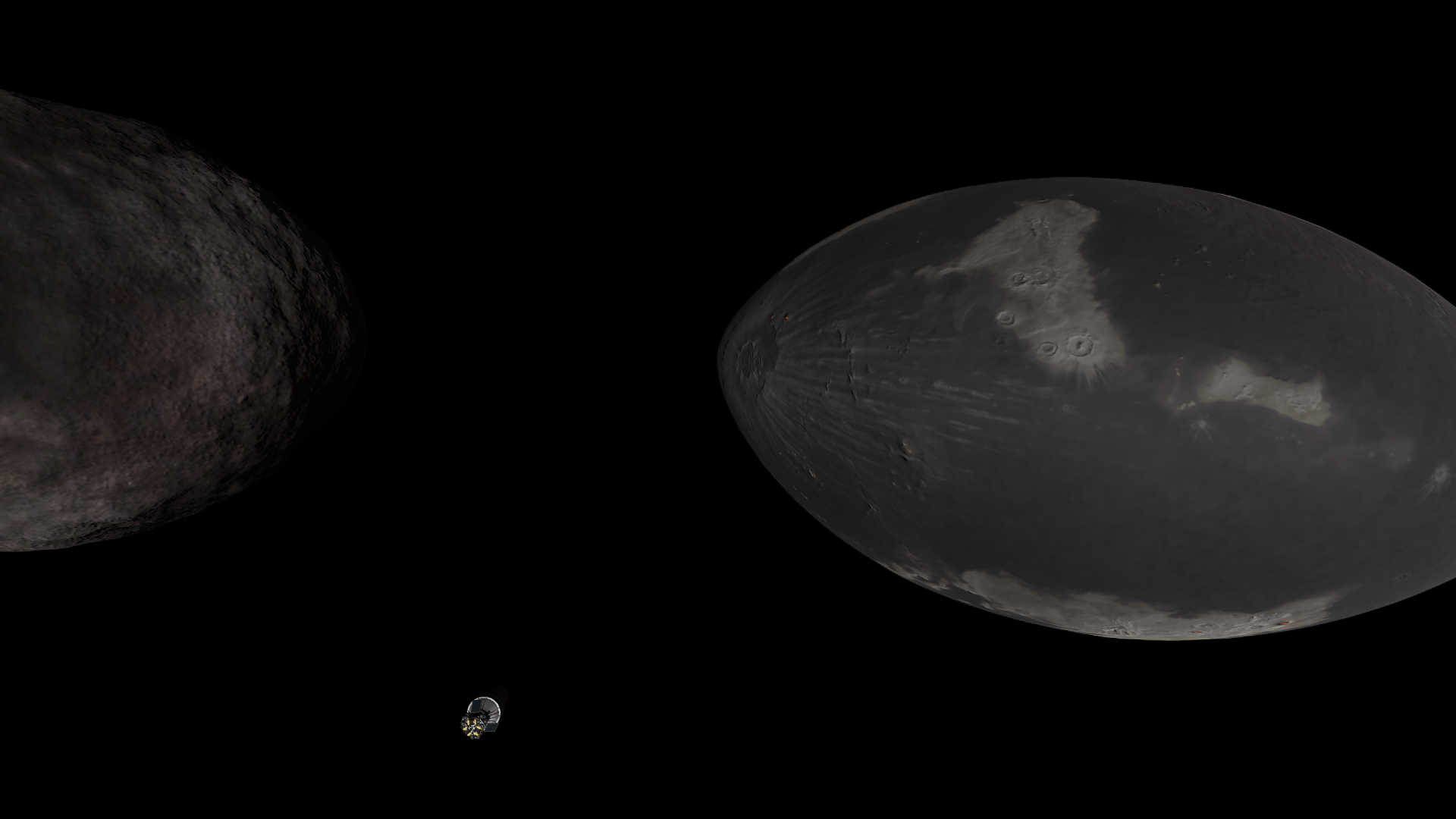 The spacecraft, tiny, with Thresomin and Mesbin off to the sides at nearly the same size. The tiny details of Thresomin's terrain are visible among ruddy ground, while Mesbin's huge crater and its ejecta are prominent.