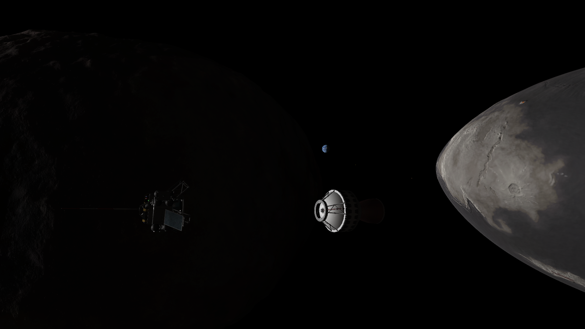 Shedding the spherical booster so that the lander engines can be used to enter final orbit and land, with a half-full Kerbmun and Mesbin's rift-bisected continent visible on the right.