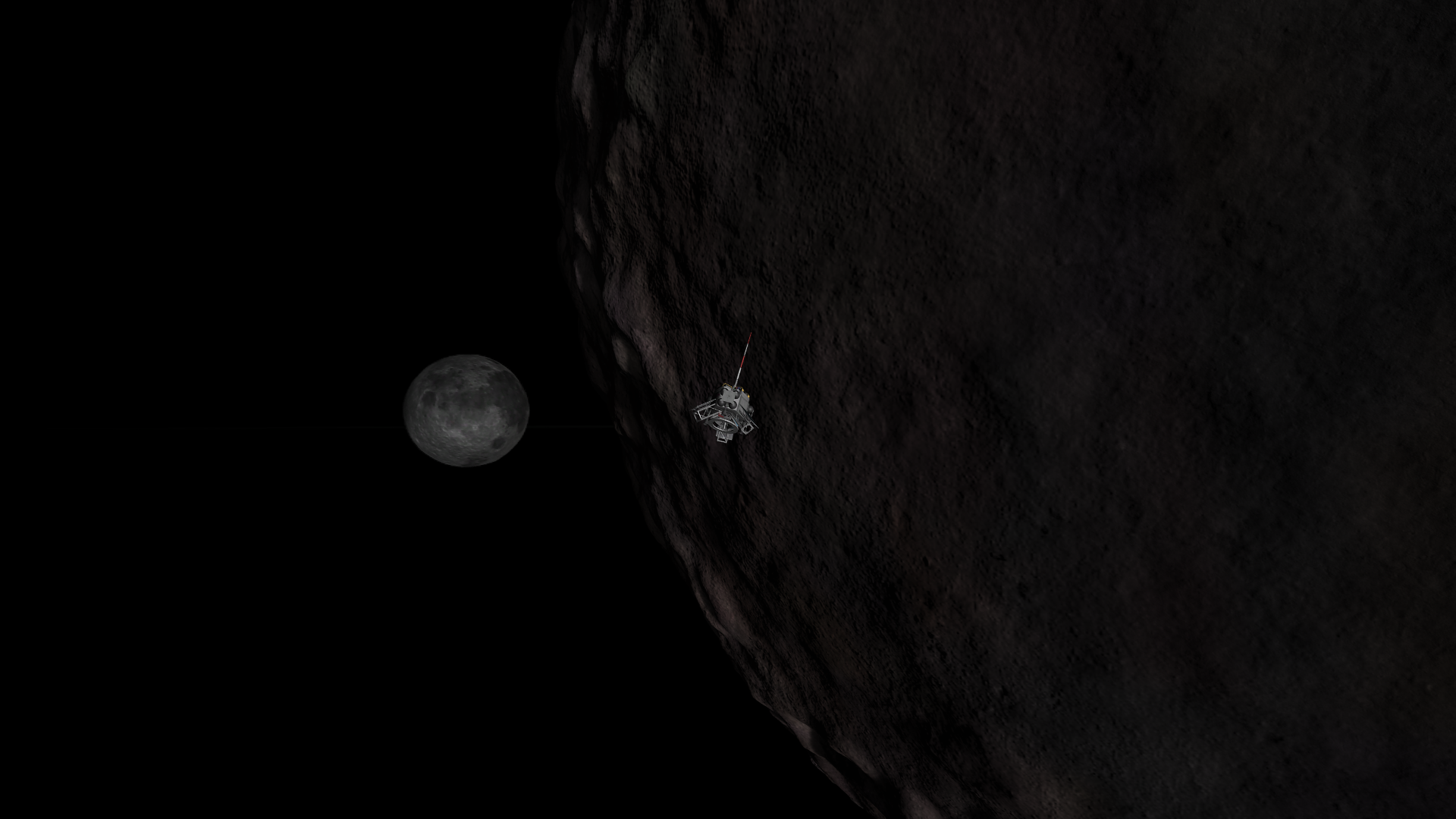 The tiny Reunion 3 in Thresomin orbit as night falls, with Graymun prominent and nearly fully-lit.