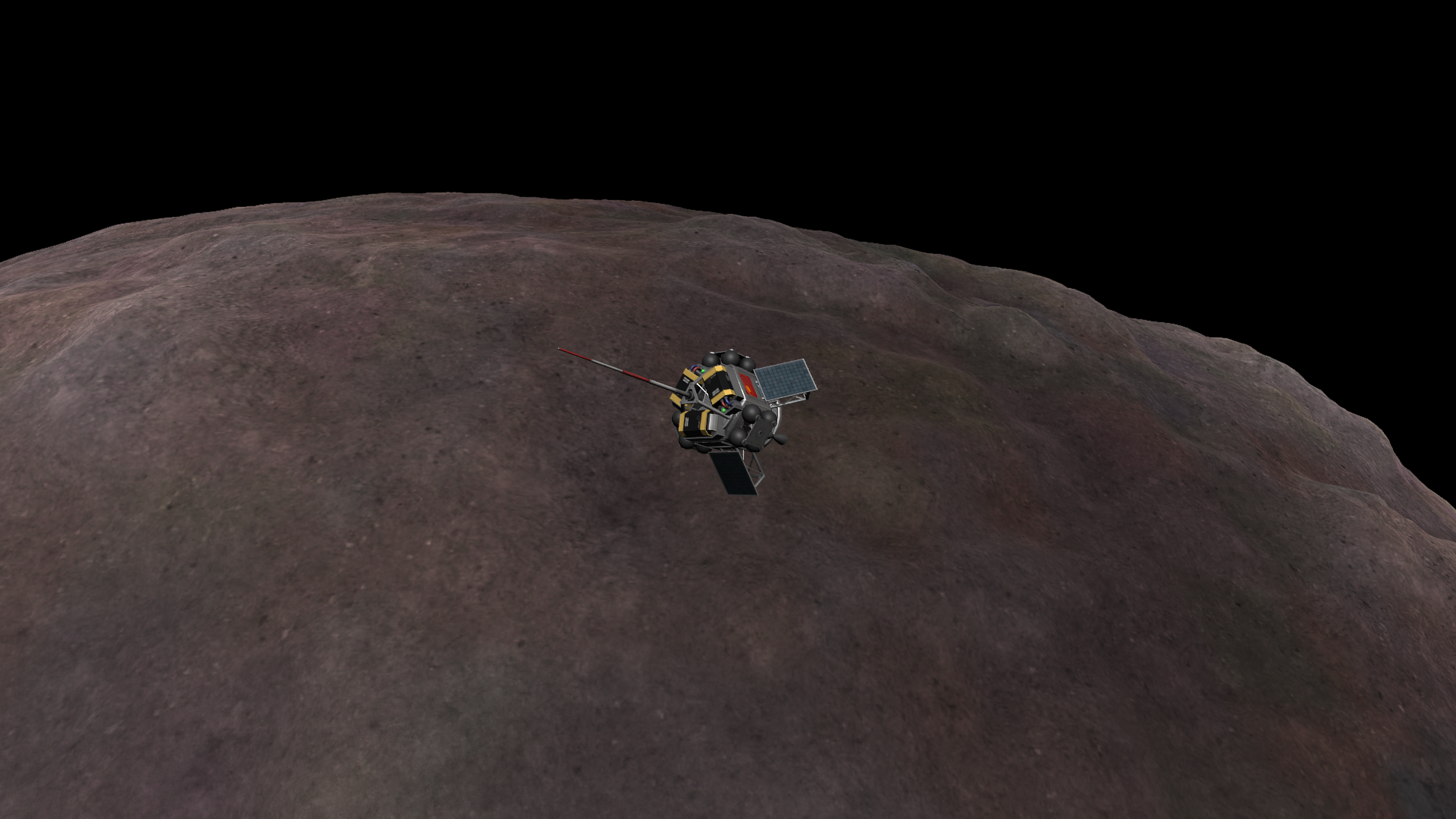 The little hexagonal spacecraft over a reddish part of Thresomin. The terrain is rugged- the asteroid is covered in lighter mountains and darker lowlands.