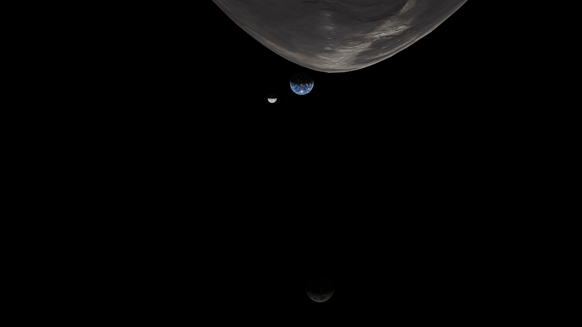 A glance up at a zoomed-in view of a party in the sky- Mesbin's limb at top, with continents and ocean visible; Derbin and Kerbmun next to each other below, and Graymun a ways further below.