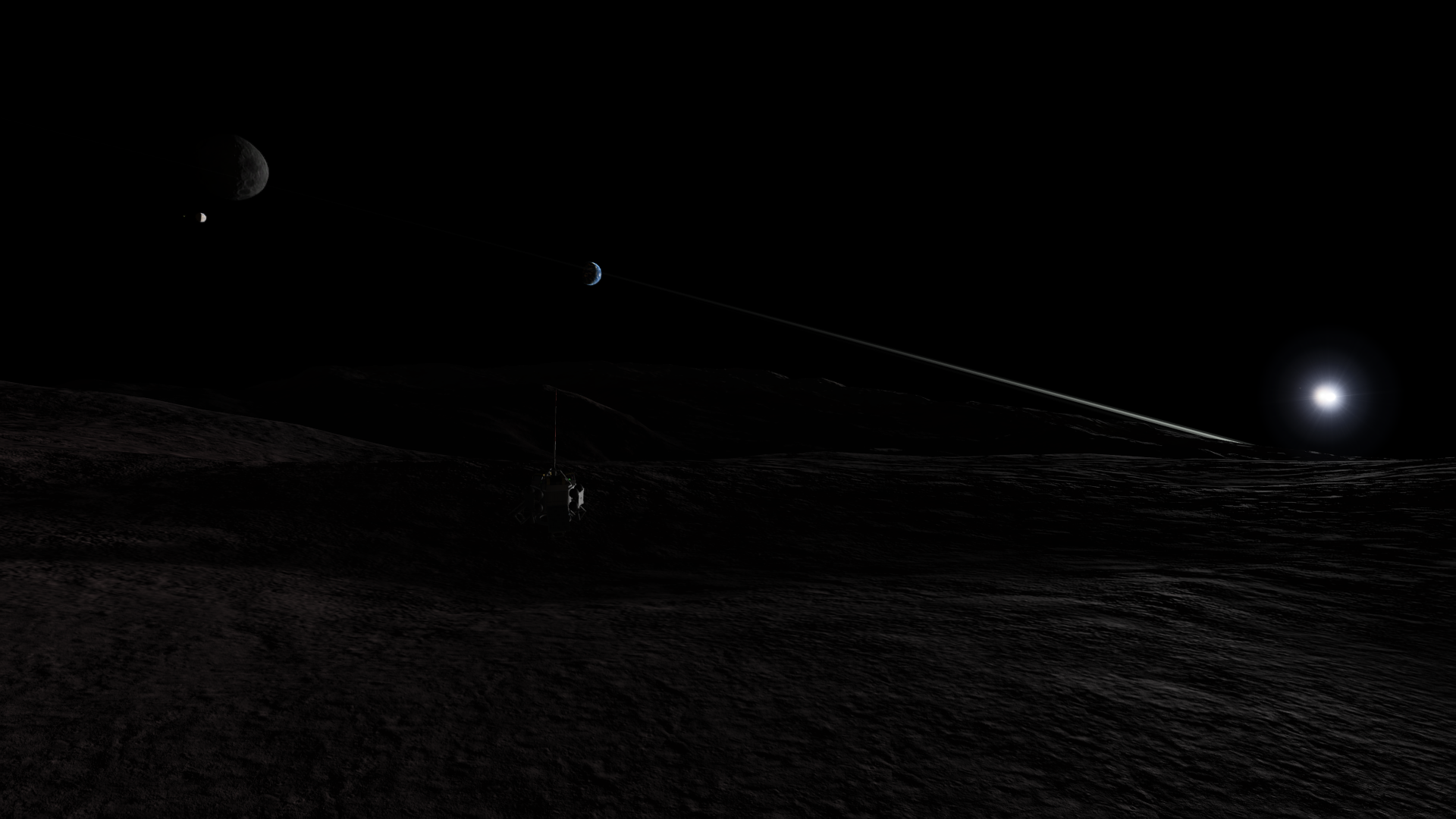 Early morning on the ground, most of Thresomin's surface unlit. The light-cyan spike of Mesbin's rings cuts across at an angle, fading as it approaches a crescent Kerbmun. To the left are Graymun and Derbin, each close to half-full.