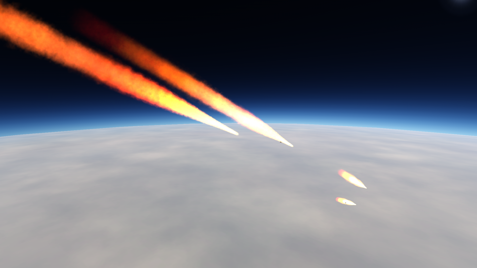 Four burning streaks fall through the upper atmosphere.