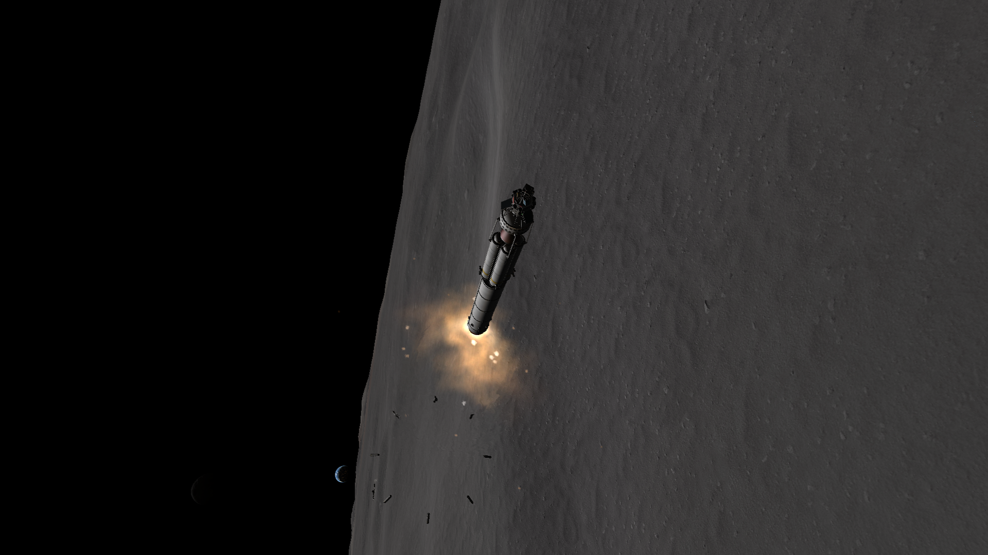 A similar rocket to that of Reunion 3, viewed horizontally. Its eight boosters are falling away in a star shape as Mesbin's gray terrain rushes past below, and a crescent Kerbmun can be seen on the horizon.