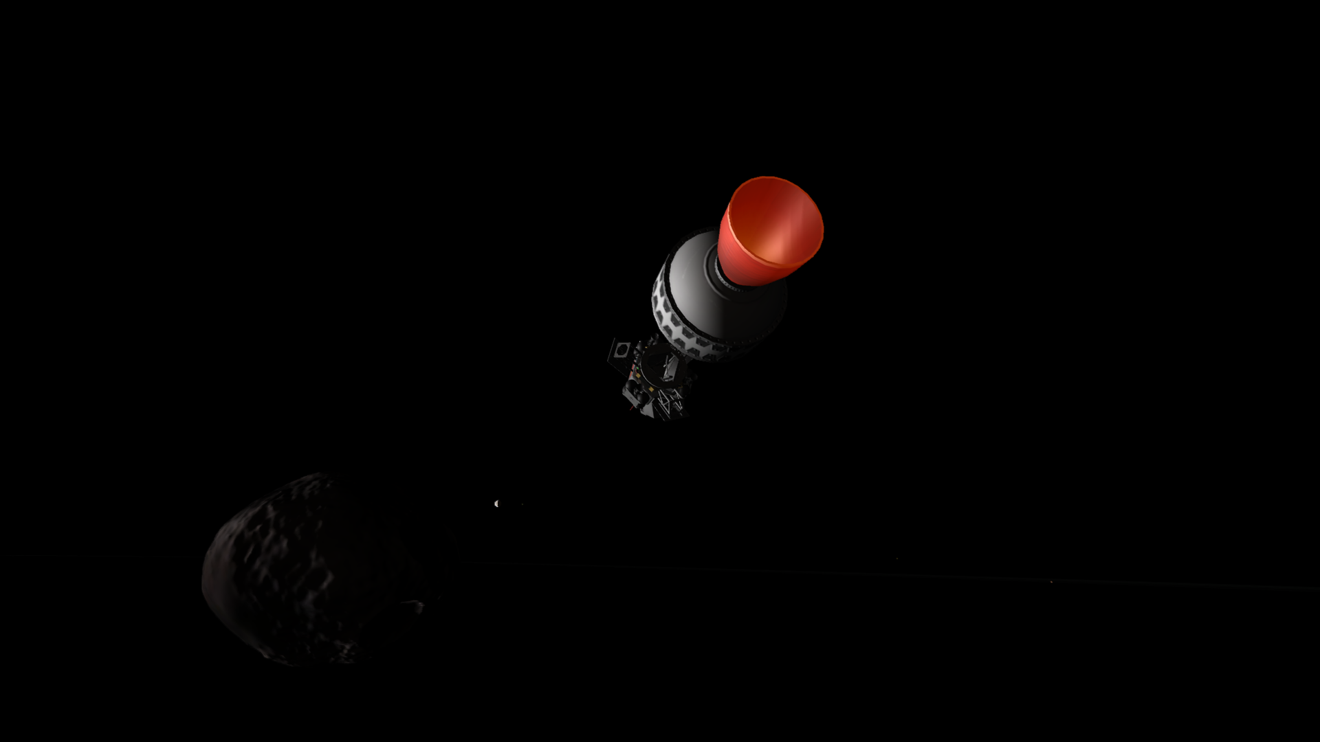 The spacecraft discarding its spherical rocket booster, its red nozzle still glowing, as Thresomin begins to dwindle. Derbin's visible as a small half-full disc.