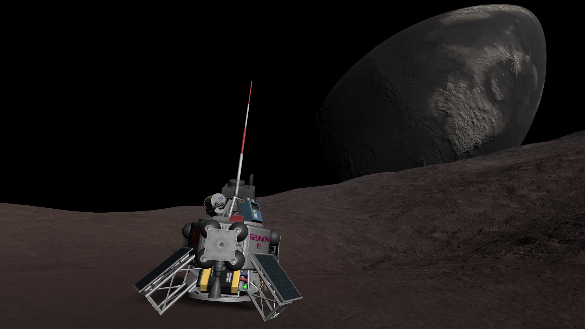 An askance view of Reunion 4 on the surface, its nameplate visible and its large surface scanner box facing away from the camera. Mesbin juts up from Thresomin's ground like an odd gray mountain, a midocean ridge crossing the terminator.