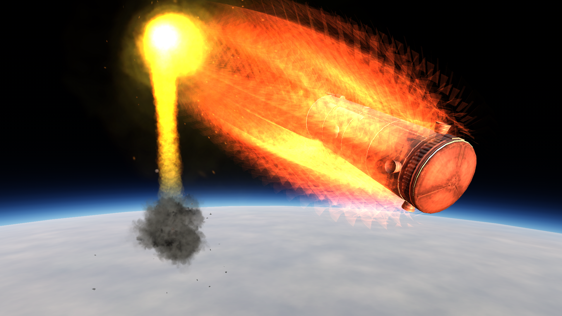 The cylinder of the return vehicle screams through the atmosphere, trailing a meteor tail, while the rocket's upper stage burns up and explodes behind it.