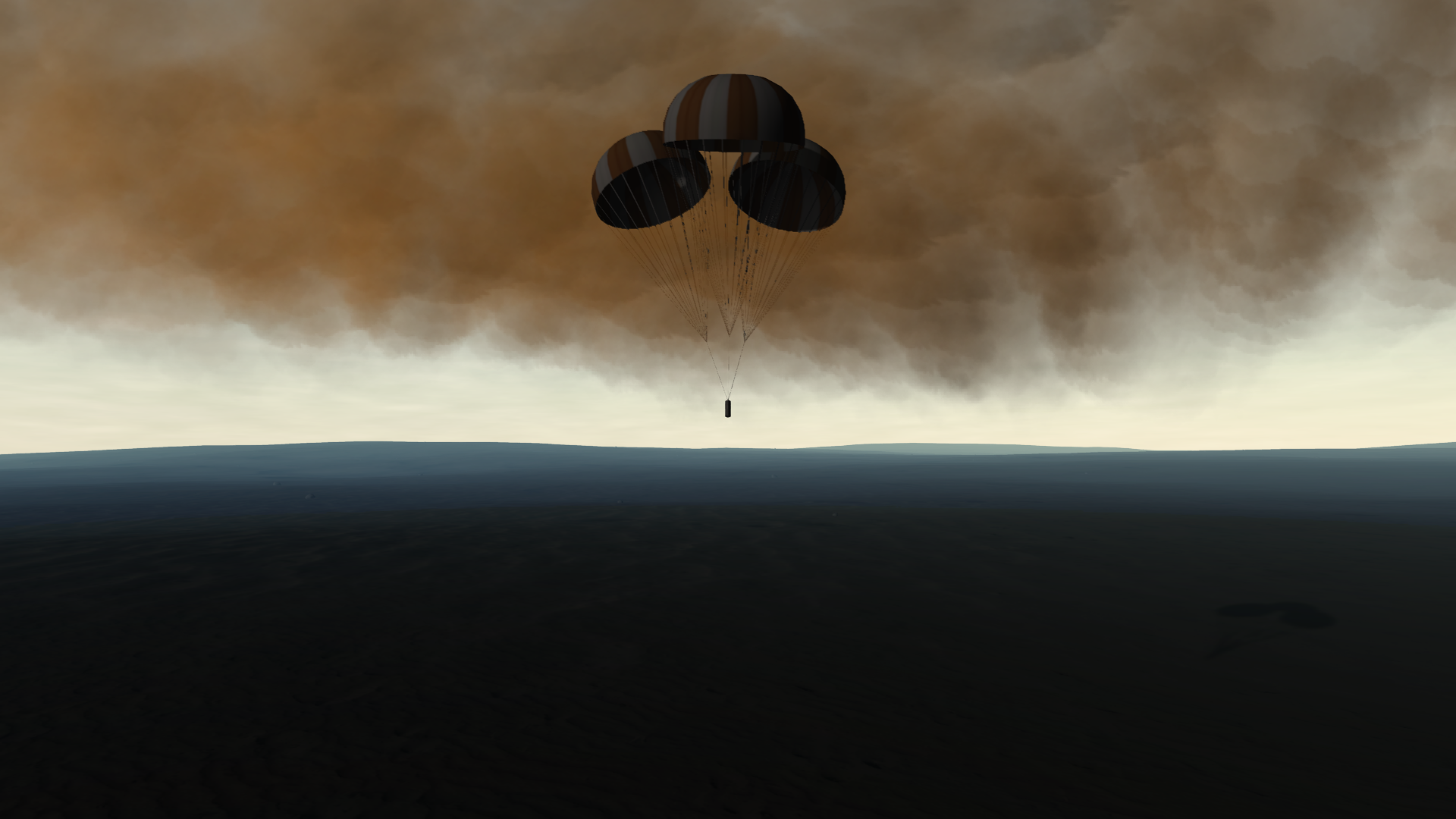 The cylinder descends safely to Derbin's maria under three wide parachutes.