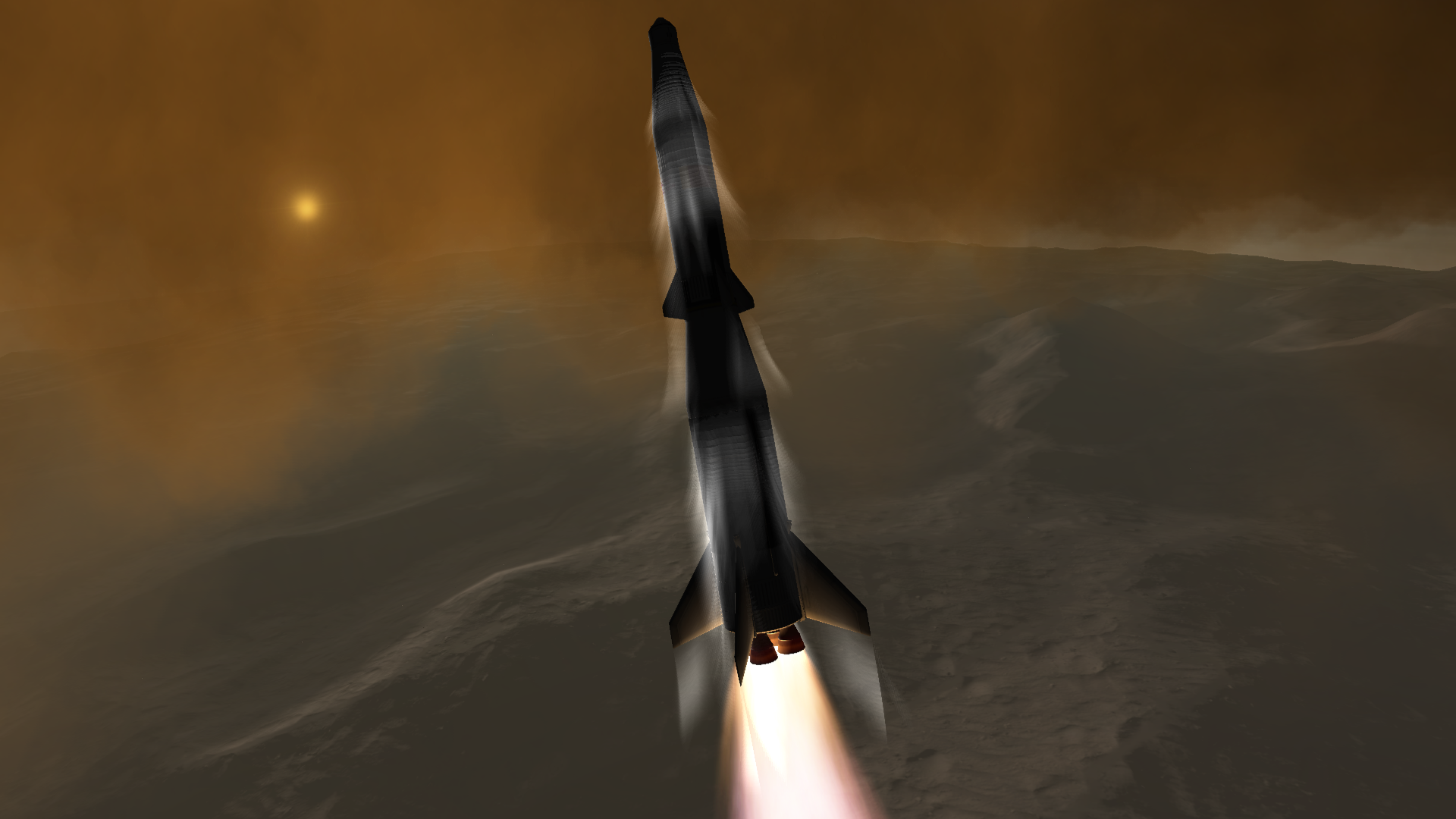 The rocket approaches a brown layer of clouds, the rolling brown hills of the planet below stretching to the horizon.