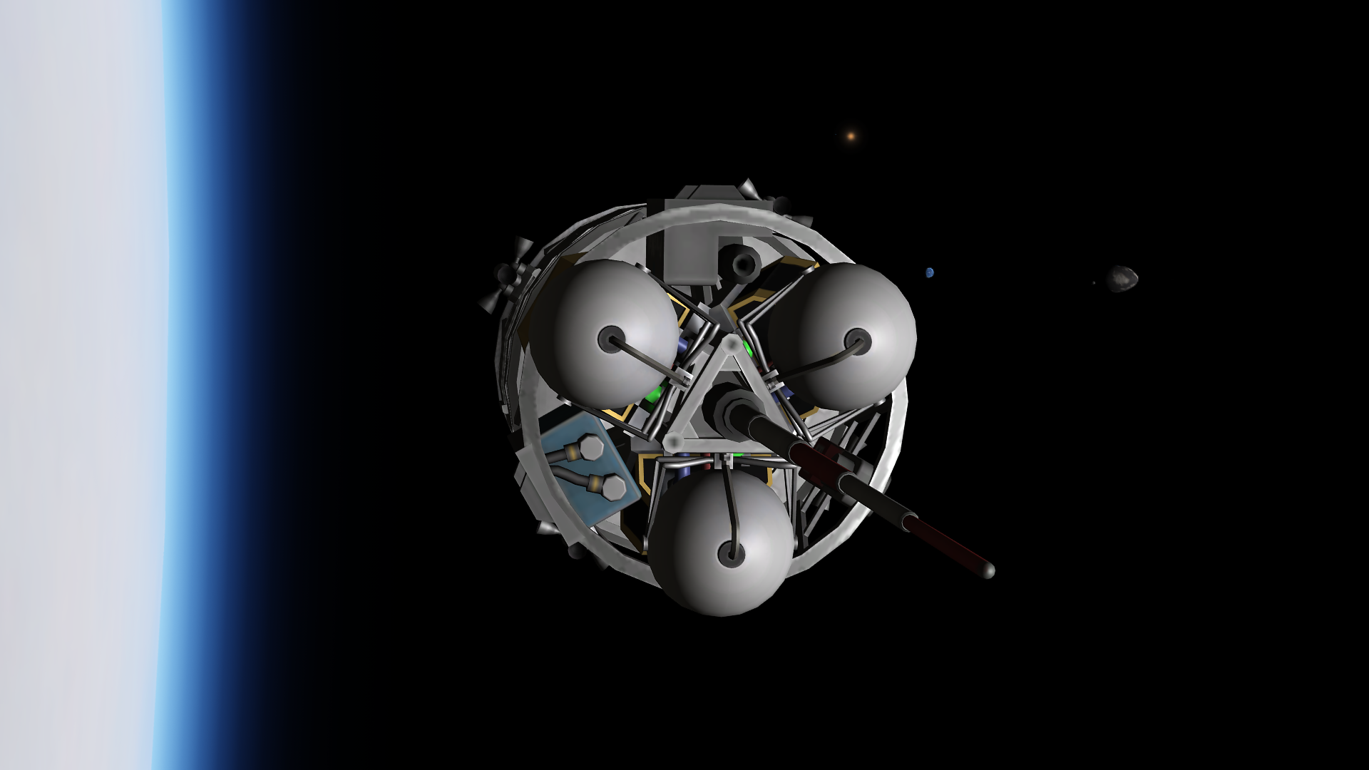 A zoomed-in view of the probe over Derbin's limb, with the orange star Gememma visible above. To the right of the probe are Kerbmun, its clouds visible; tiny faraway Graymun, and lentil-shaped Mesbin. Mesbin's surface features can clearly be made out, with light gray continents and dark gray lava seas like on the Moon.