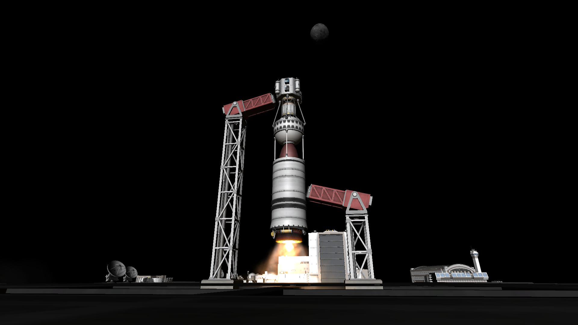 An octagonal spacecraft with symmetrical scientific instruments, stacked atop a tower three strutted-together solid rocket boosters (one a cylinder as wide as the spacecraft, one spherical, and one spherical and small) takes off from the pad on the gray world Mesbin, with slightly oblate but very Moonlike Graymun above.