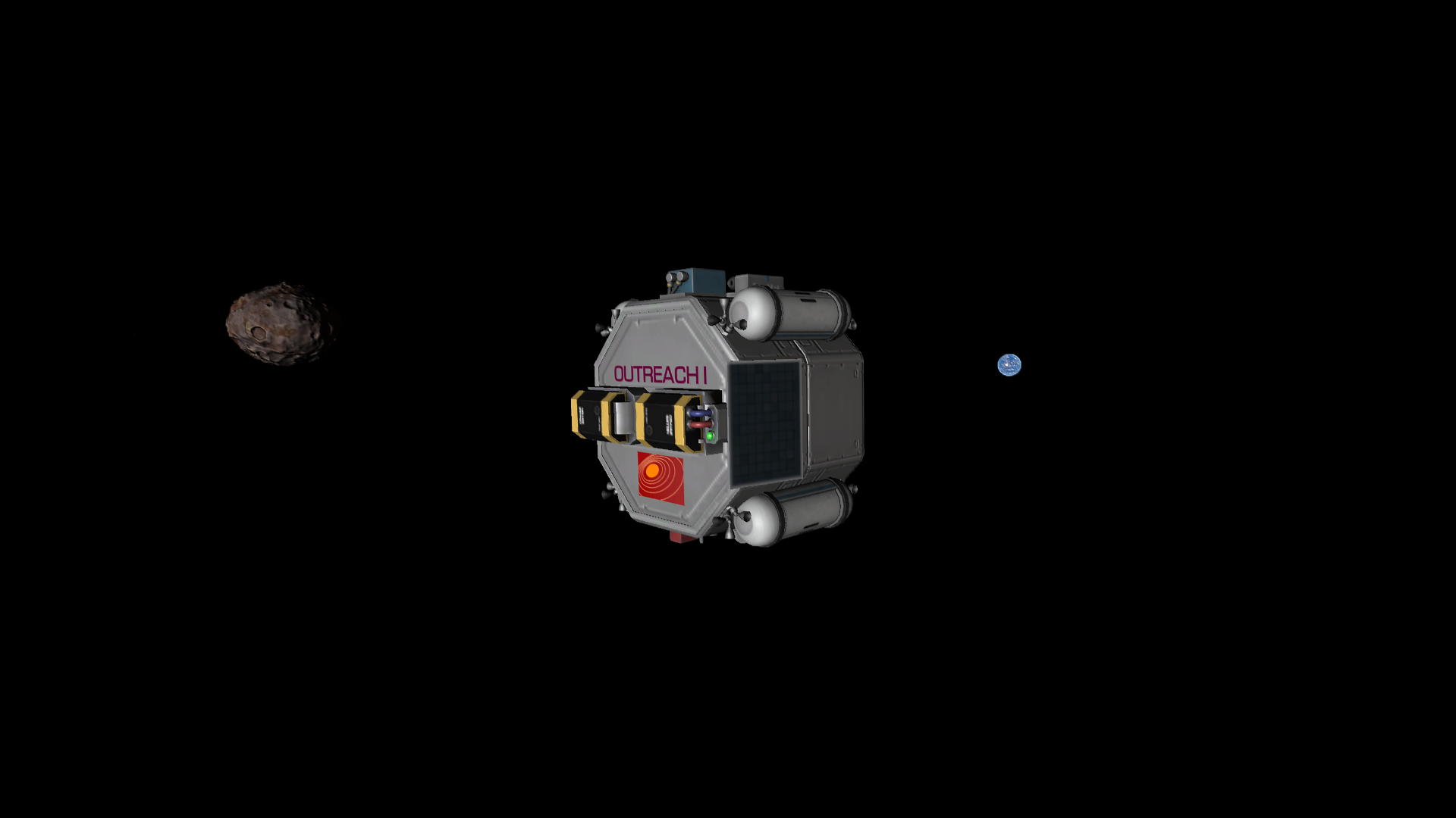 The spacecraft in orbit near Statmun, here seen in rusty red-oranges and metal greys. Kerbmun is visible too, wreathed in cloud. Text on the top of the spacecraft gives its name as Outreach I, with the Mesbinite flag below it.