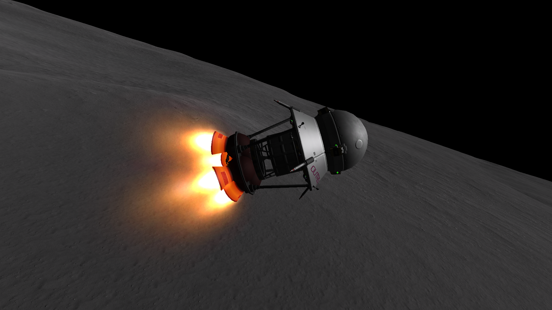 The spherical solid rocket motors firing to push the spacecraft and its little rocket towards orbit, a gray landscape of hills and craters behind.