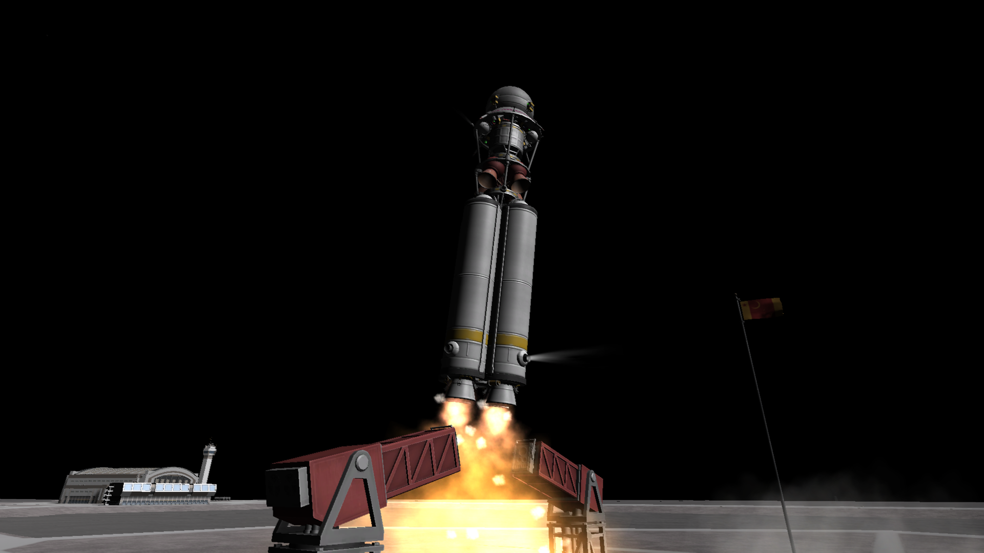 A smaller space probe, looking like a Sputnik with a skirt- atop a similarly non-sleek stack of a tiny cylindrical rocket, a bundle of four spherical red solid rocket motors, and a bundle of four long cylindrical solid rocket motors (all strutted together) lifts off. The cylindrical motors have small fuel tanks on top, feeding the RCS thrusters that pitch the little spacecraft over.