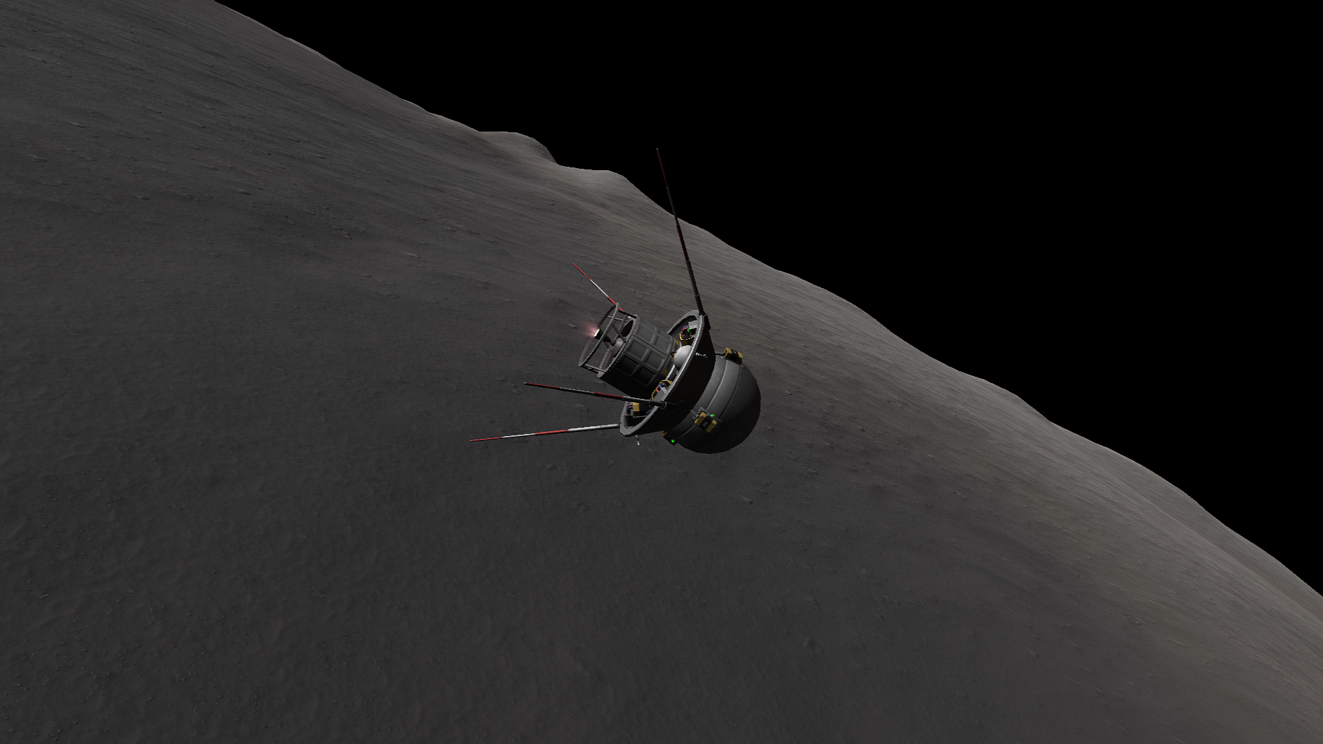 The antennae on the skirt are fully extended as the little rocket burns. The shield batteries and fuel tanks between the skirt and the spacecraft are visible, and the landscape around is gray with a lighter, browner 'continental' rise with mountains coming into view.