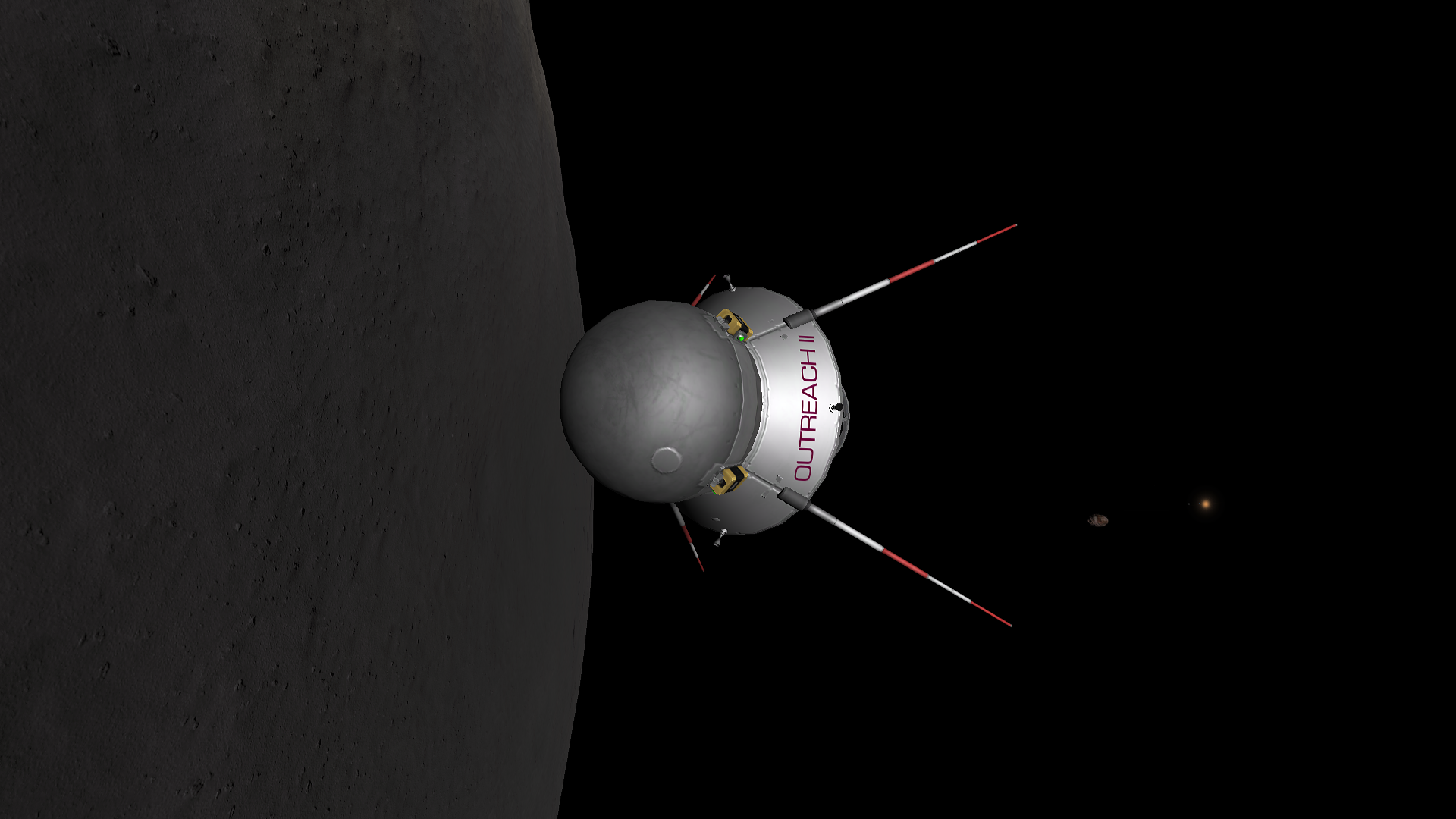 The probe points towards the camera, showing off the tiny thrusters for adjusting direction and the name Outreach II on its skirt. Statmun is small but visible, as is the orange star Gememma.