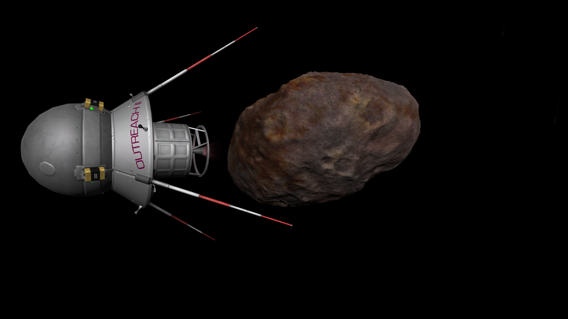 The rocket pack fires again to speed the probe into orbit around the asteroid moon Statmun, which takes up most of the image. Statmun is all reds, browns, oranges, and purple-greys, a rusty metal moonlet with oddly-shaped craters on its surface.