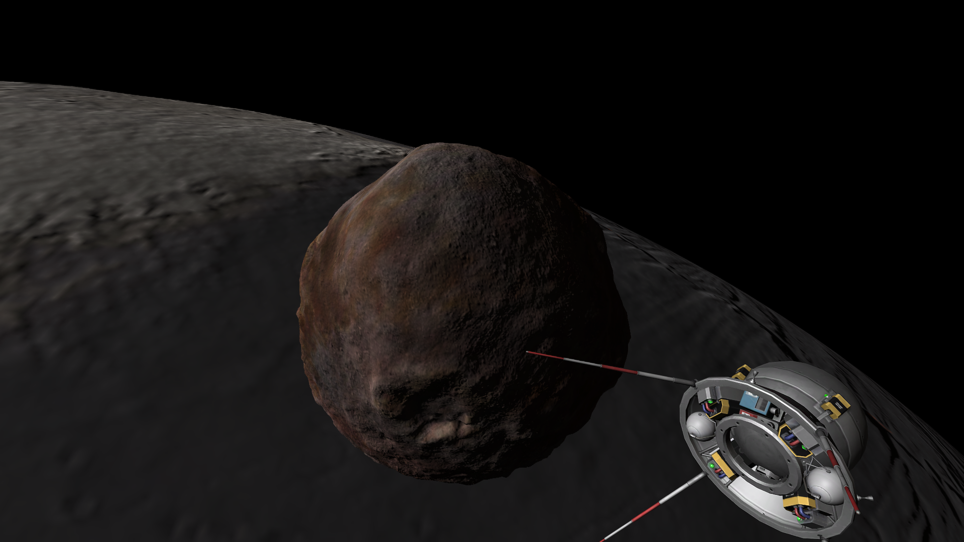 A look at the shielded science equipment and mounting bracket of Outreach 2, with an odd shortened view of Statmun taking up the center of the image. Mesbin dominates the rest, a wall of grays and gray-browns covered in mountains and ridges.