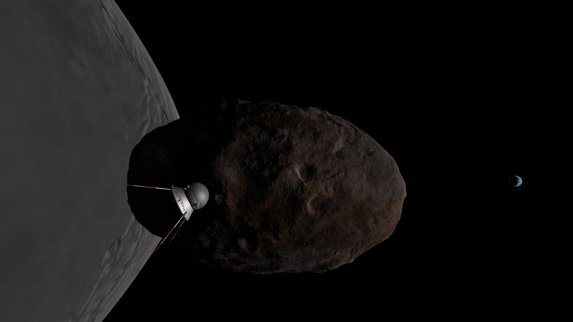 A further-out view of Outreach 2, in a 'pose' like Sputnik flying, with Statmun potato-shaped in the center. Mesbin's ridges are visible on the left, and on the right is a wide crescent Kerbmun- its blue oceans and white clouds both prominent.