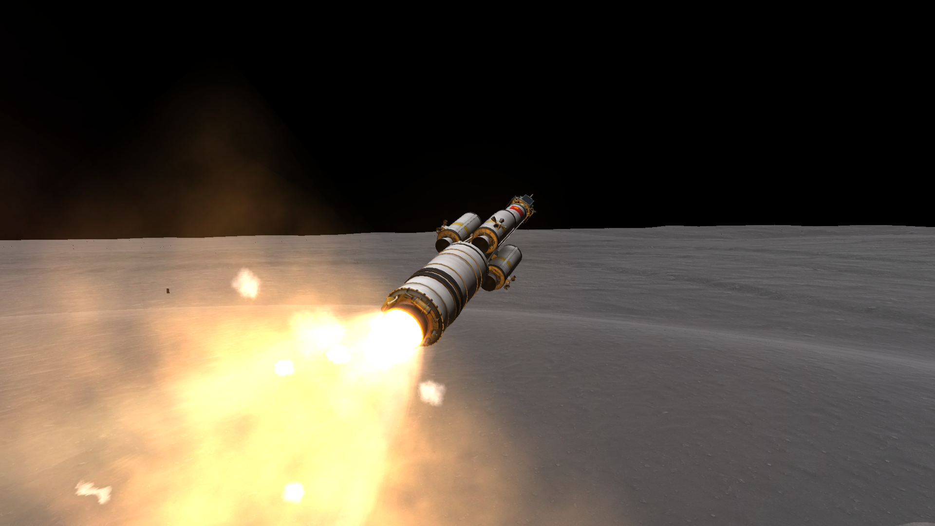 A rocket- cylindrical first stage, a bundle of smaller solid rocket boosters, and a long but thin solid rocket booster in between with a small octagonal satellite on top, veers off-course towards the gray ground north of the space centre.