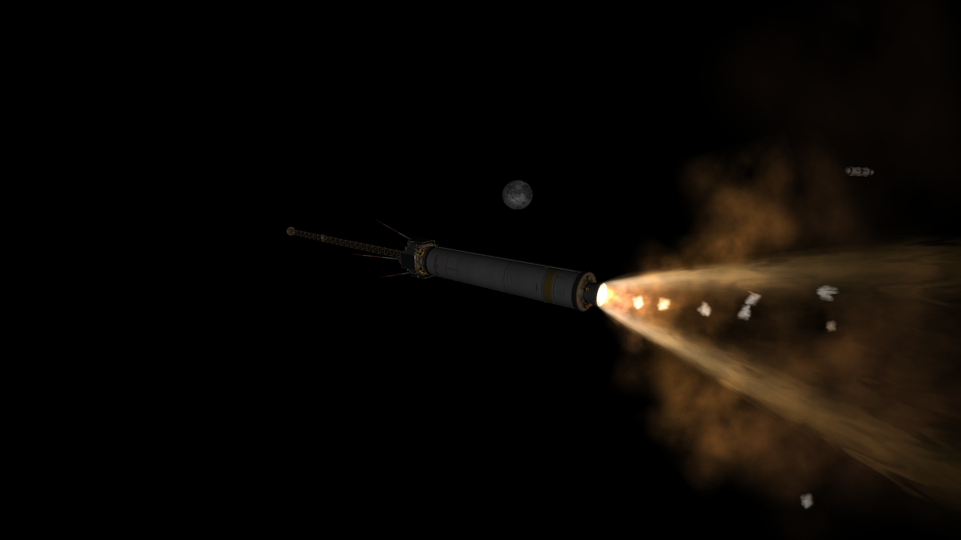 In orbit, the center booster fires. The outer boosters can be seen falling away even in the low-light conditions of orbital night, and moonlike Graymun is visible in the background.