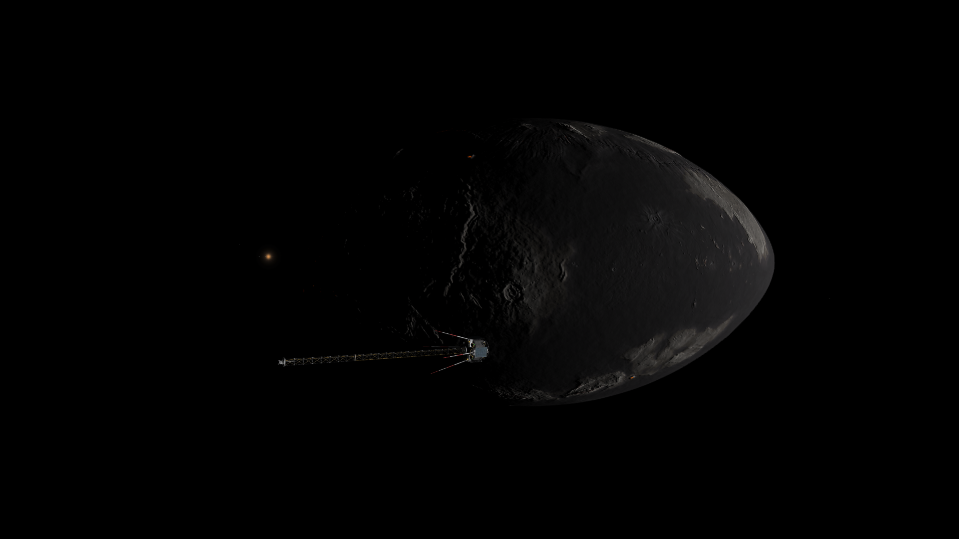 The spacecraft, high above Mesbin. Its four antennae are extended to give it a bit of a cometary appearance, and its long magnetometer boom is extended with them. Mesbin, below, is partly obscured- several gray-brown 'continents' and 'islands' in the dark grey 'ocean' are visible, and the day-night line crosses in the vicinity of a vast canyon in the middle of one continent.