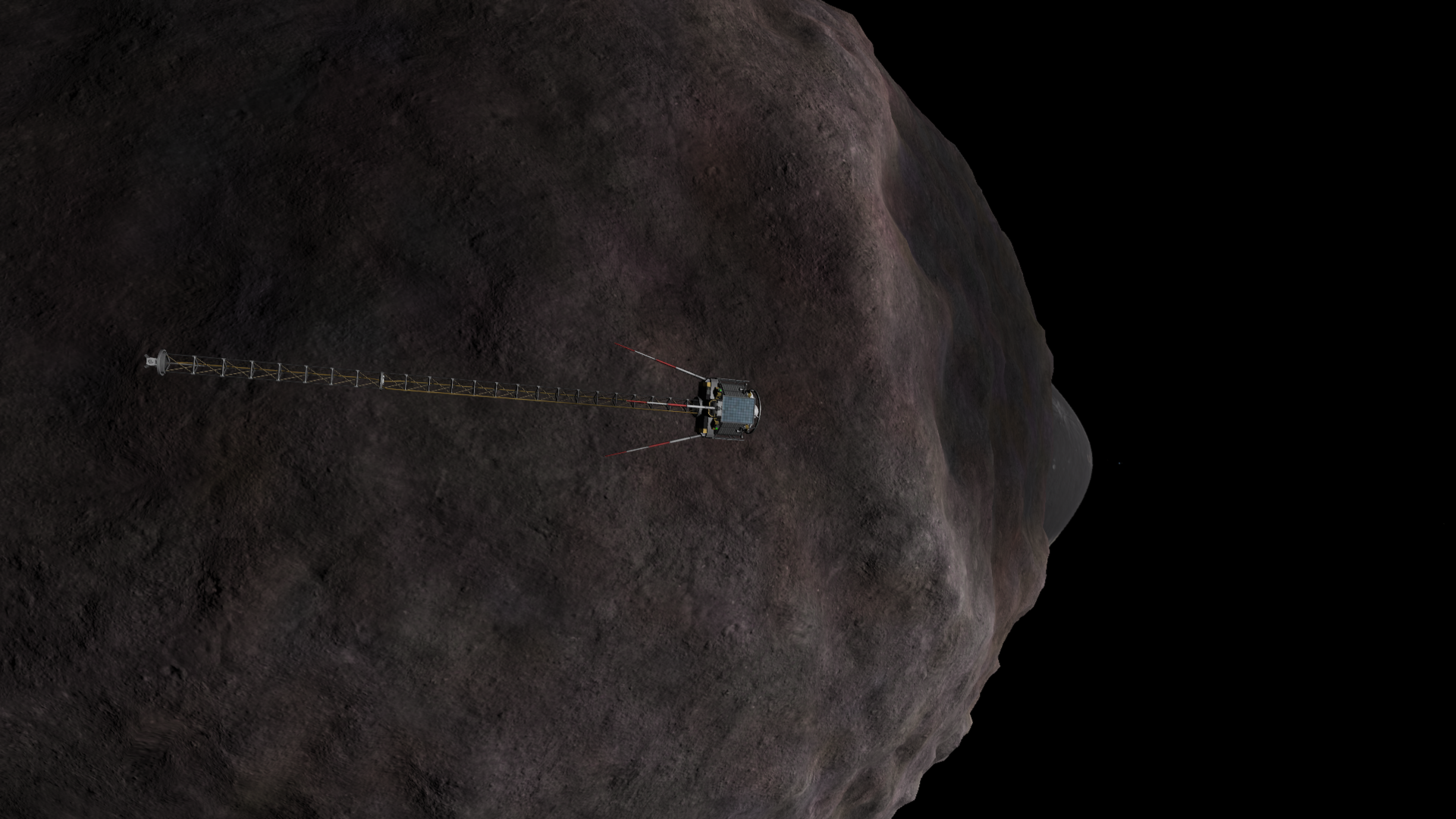 The Outreach 4 spacecraft speeding by a reddish asteroid, with darker lowlands and lighter highlands- Thresomin. The surface below is rugged, and through the depression made by a very large crater on the limb it's possible to see a bit of Mesbin peeking out.