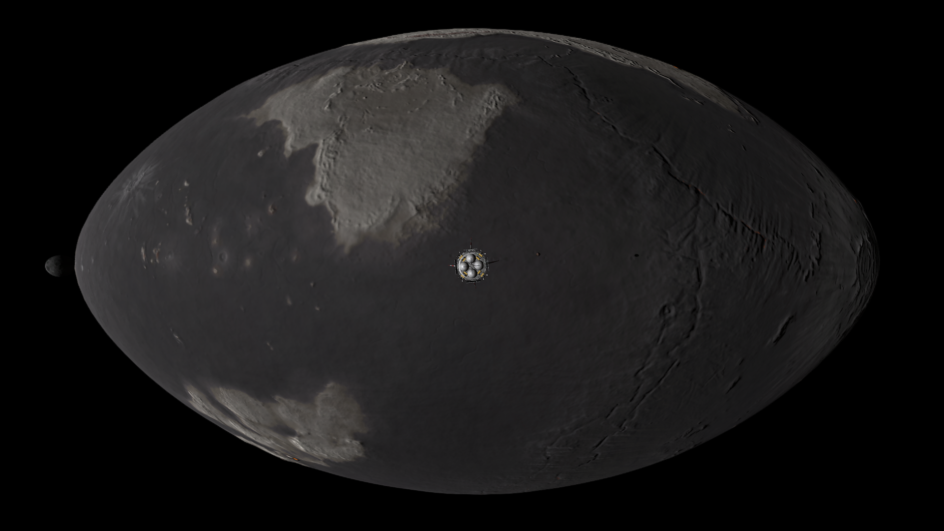 A full view of Mesbin, oval and slightly pointed at the ends. Graymun, very moonlike, is visible on the left side; dwarfed by its parent planet. Three of Mesbin's light grey-brown continents are visible, ridged with mountains- one with a volcano, glowing orange- and many smaller mountainous islands, too. Mesbin's solid basalt ocean, in dark grey, is pockmarked with craters and run through with ridges and rifts of varying size. The two largest craters, one on the left in the north and one on the equator on the right, have bright rays emanating from them showing ejecta from relatively recent impacts. The largest midocean rift forks, circling the planet in the north before bending south and splitting into an equatorial segment and a long doubled rift that proceeds to the south pole. Statmun is barely visible, as is its shadow.