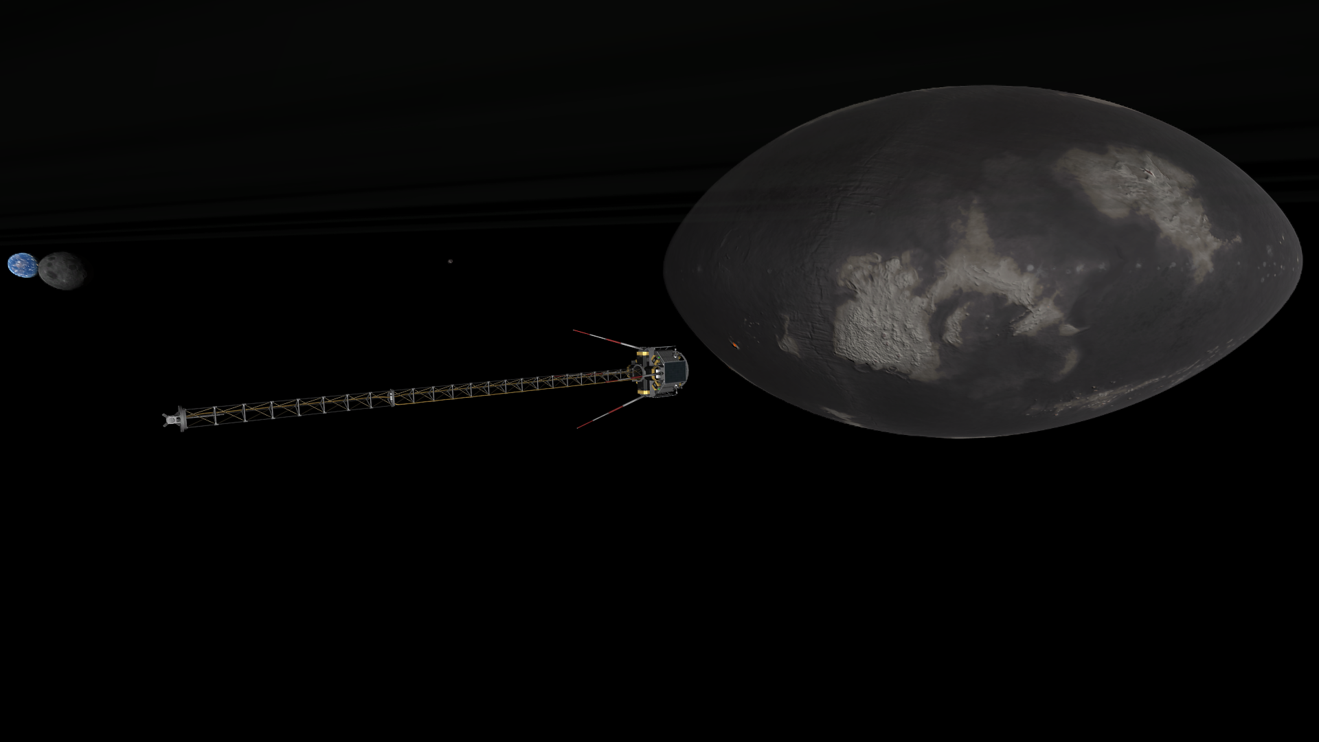 The spacecraft high above Mesbin, blue Kerbmun and gray Graymun seeming about the same size and nearly overlapping on the far left. Thresomin is visible as an expanding speck on the left side of the image, and Mesbin fills the top half of the right side- twisty continents, equatorial islands, and even a volcano are visible. Barely noticeable even where they overlap with Mesbin are some of its rings, which make themselves apparent this far from the planet.