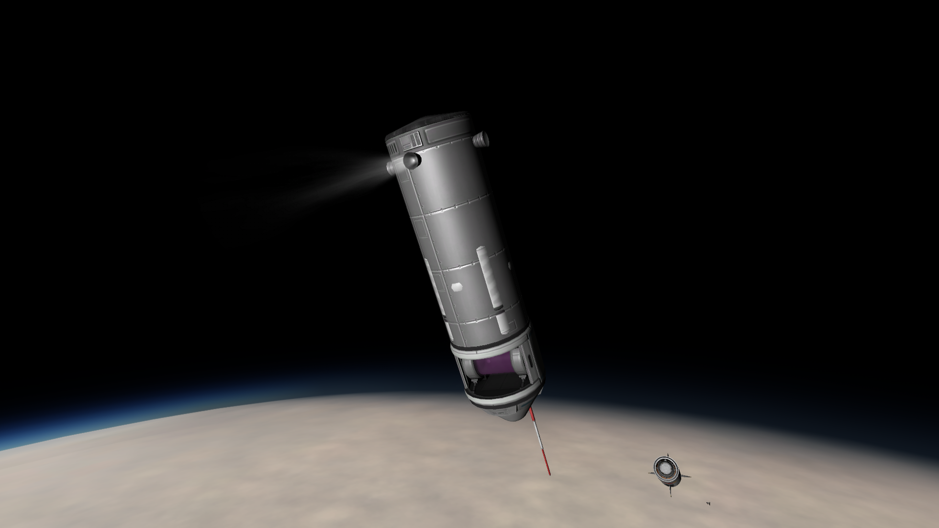 The cylindrical science package of the rocket, tipped with a parachute and a small inline canister, fires tiny thrusters to orient for reentry.