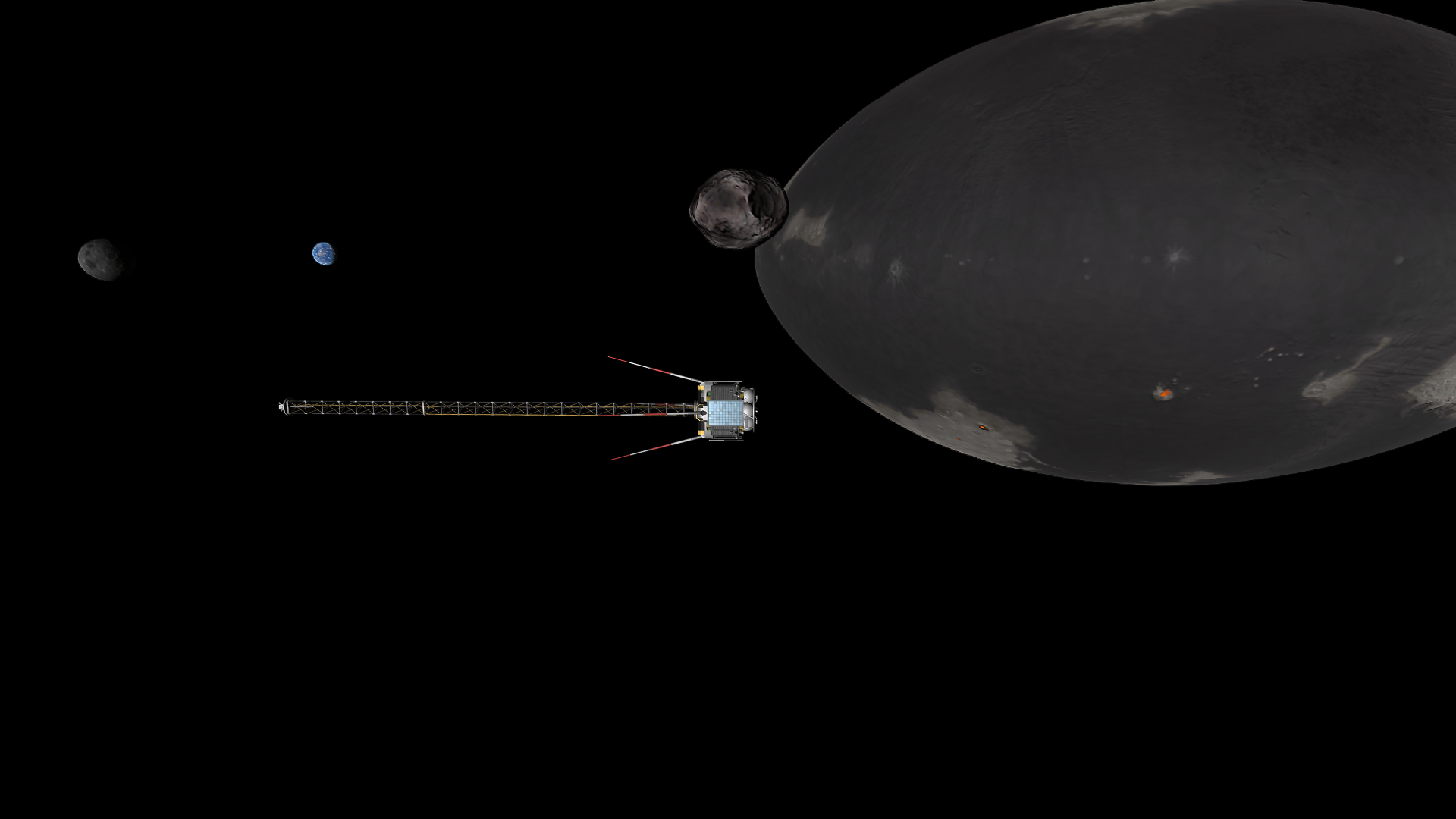 Graymun and Kerbmun are more widely-separated now, and a couple volcanoes on Mesbin are visible. Thresomin looms ever-closer, ridges and craters on the little asteroid coming into view.