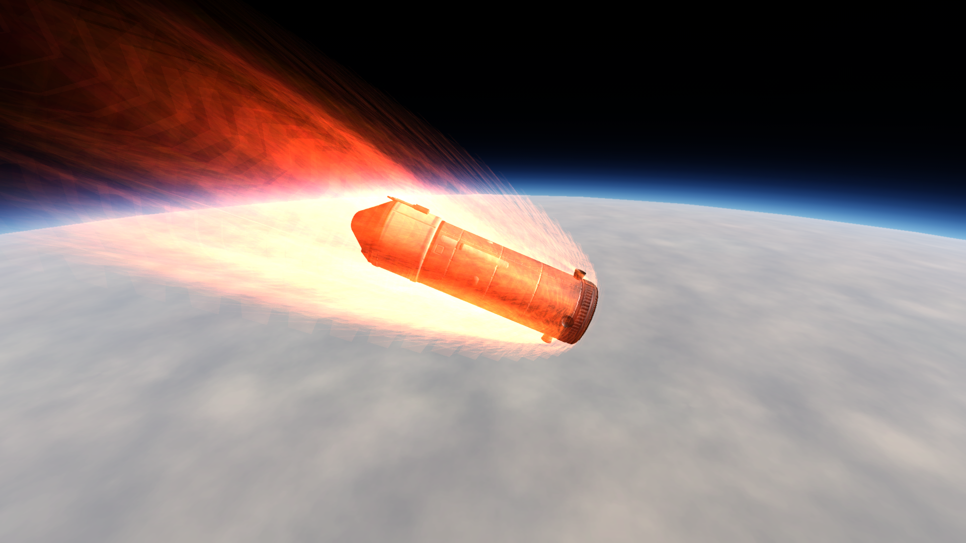 The cylinder falls into the atmosphere, wreathed in red flame.