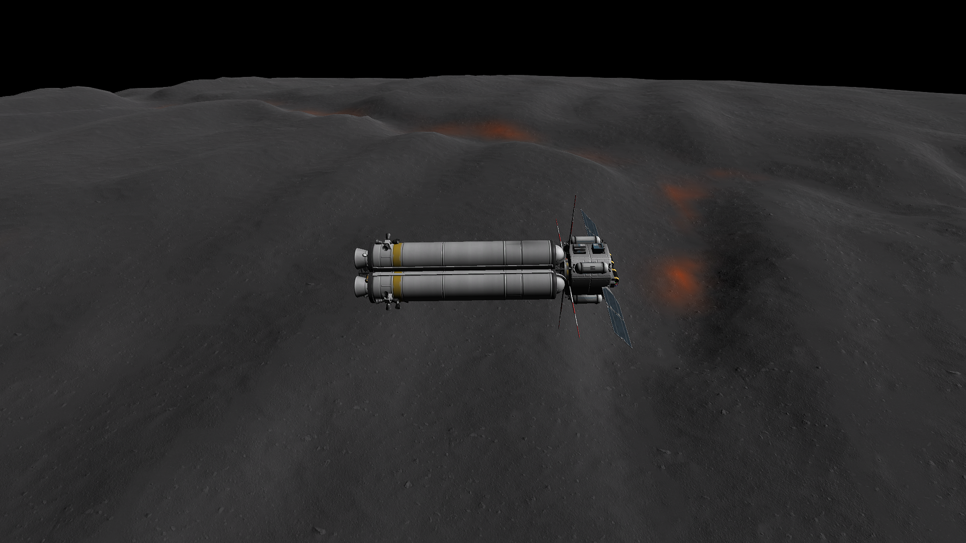 Outreach 5 flying over Mesbin's smaller rilles, with glowing lava visible on the tube floor.