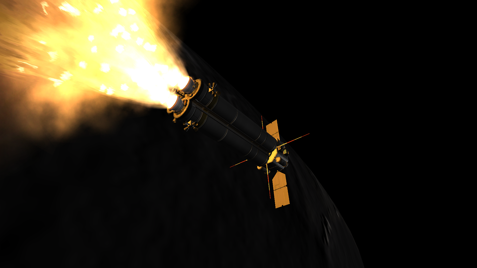 The bundled boosters firing, a gout of orange flame coming from their nozzles.