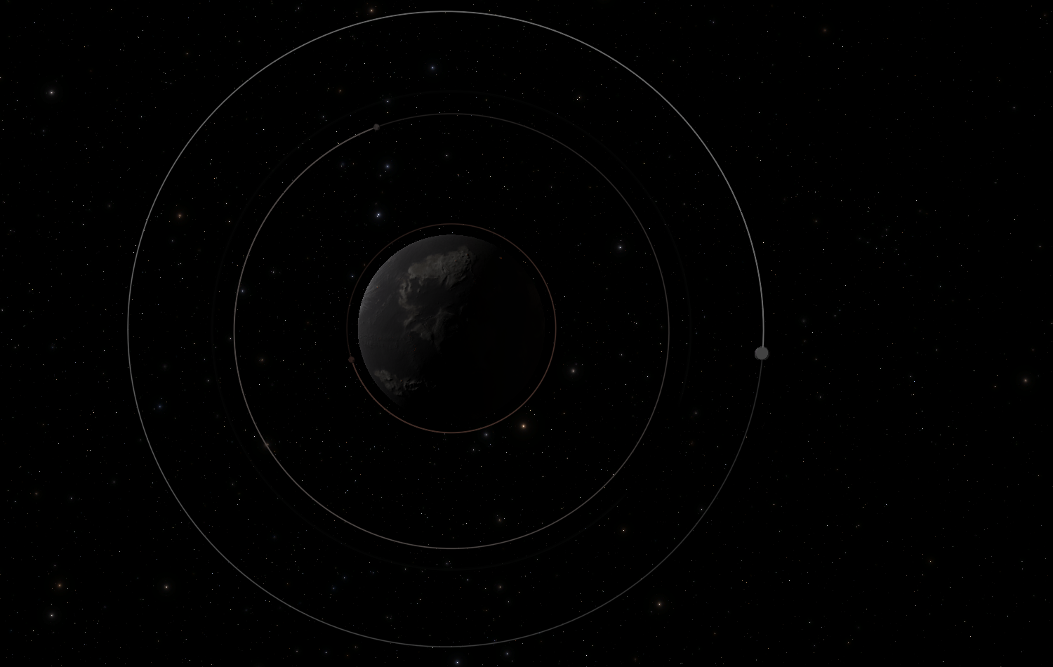 A close-up of Mesbin and its inner moons. Mesbin's rugged gray surface is visible in its light and dark shades, a southern continent prominent near its center. You can just about see its oblateness, with practice. A few volcanoes are visible, glowing red. The red orbit line of Statmun is visible close to the surface, as are the grey-brown and grey ones of Thresomin and Graymun.