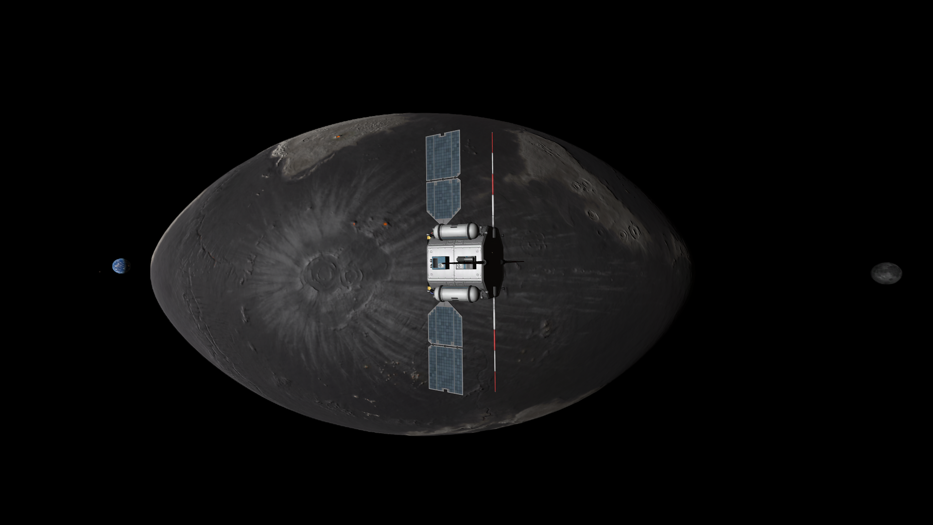 The spacecraft alone over a relatively distant Mesbin. A huge crater can be seen on Mesbin's surface, a stretched cometary tail of ejecta running along much of Mesbin's surface. Above its left limb is blue Kerbmun, and over its right is Graymun.