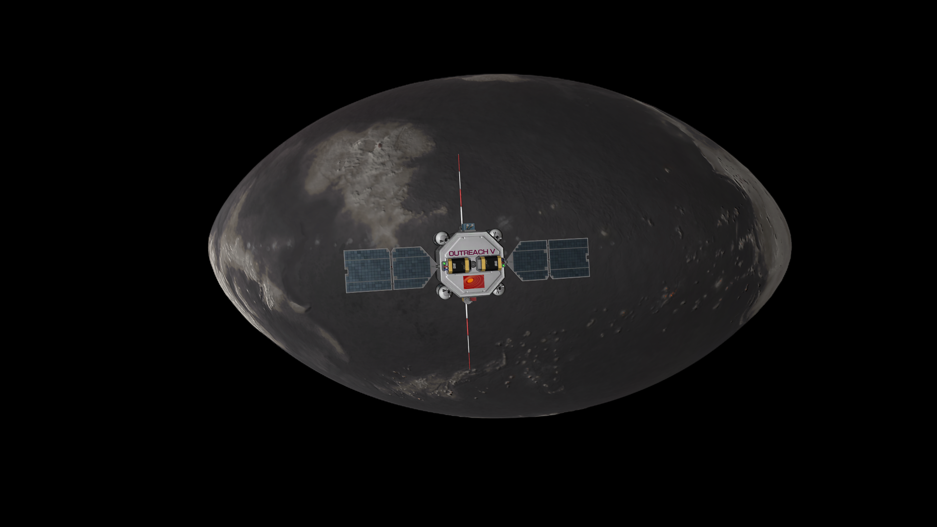 A direct look at Outreach 5 over Mesbin. Beneath is the expanse of Mesbin's ocean, filled with continents and a peppering of small islands.