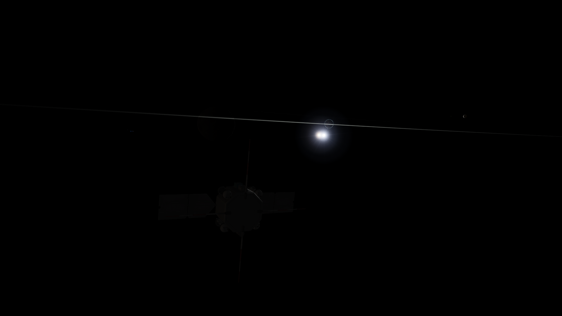 A backlit view of Mesbin's rings, the spacecraft barely lit. They cross a backlit Kerbmun near the suns, and Derbin is visible off to the side.