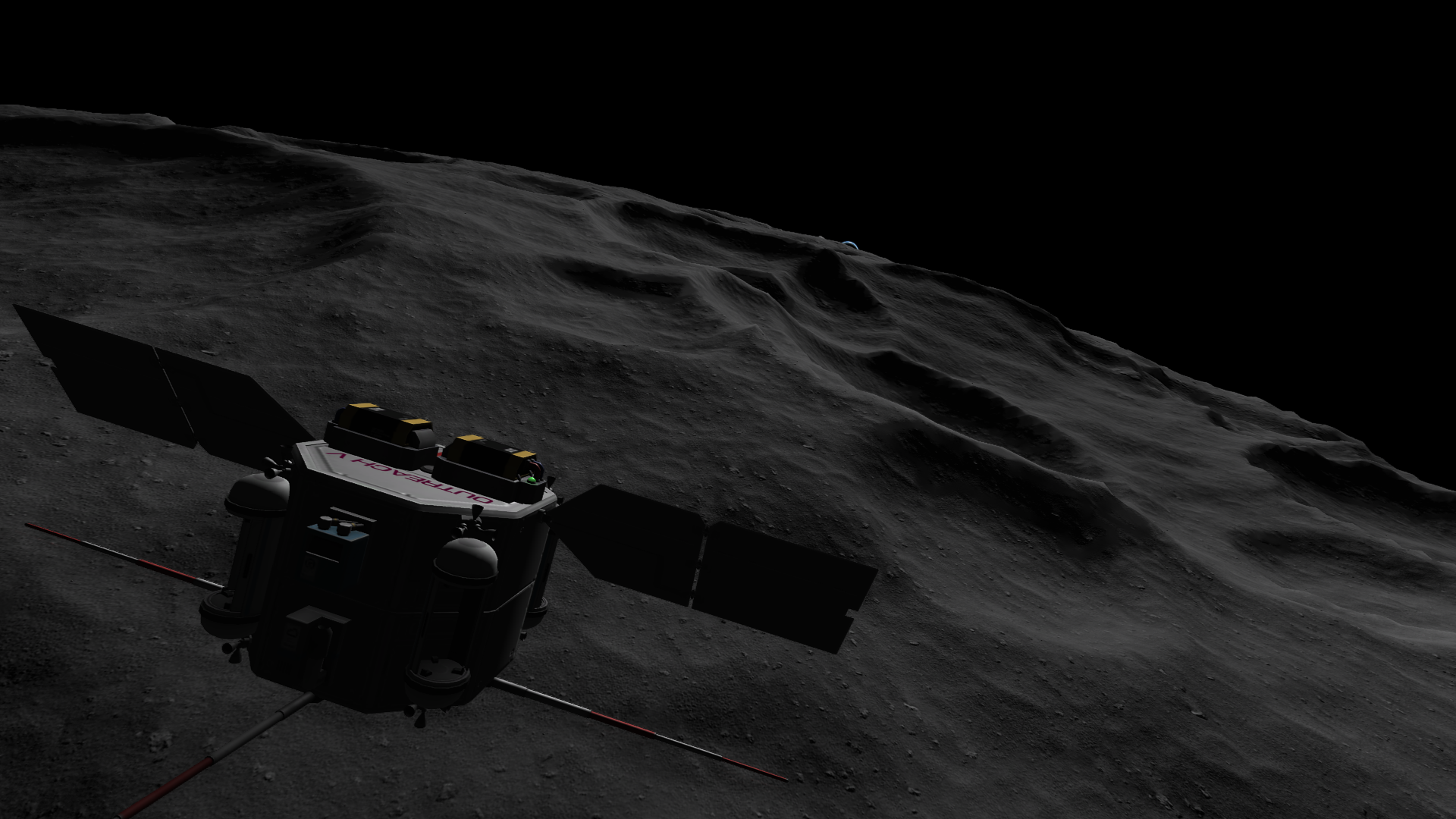 Another approach to Graymun, a rumpled-fabric terrain of craters. Kerbmun is setting behind a mountain on the edge of a crater.