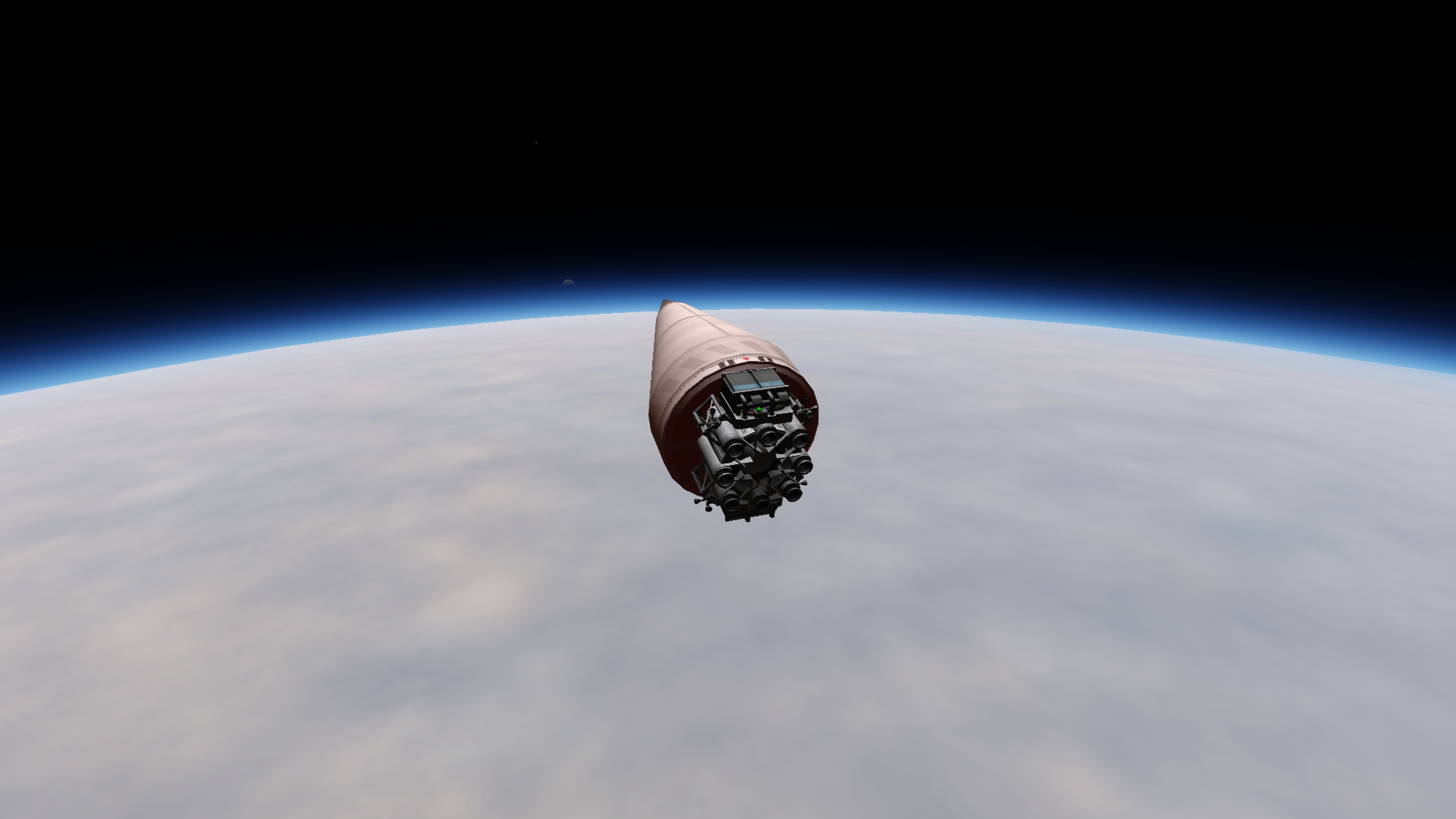 The nosecone with a rocket pack on its back descending into Derbin's atmosphere and burning up.