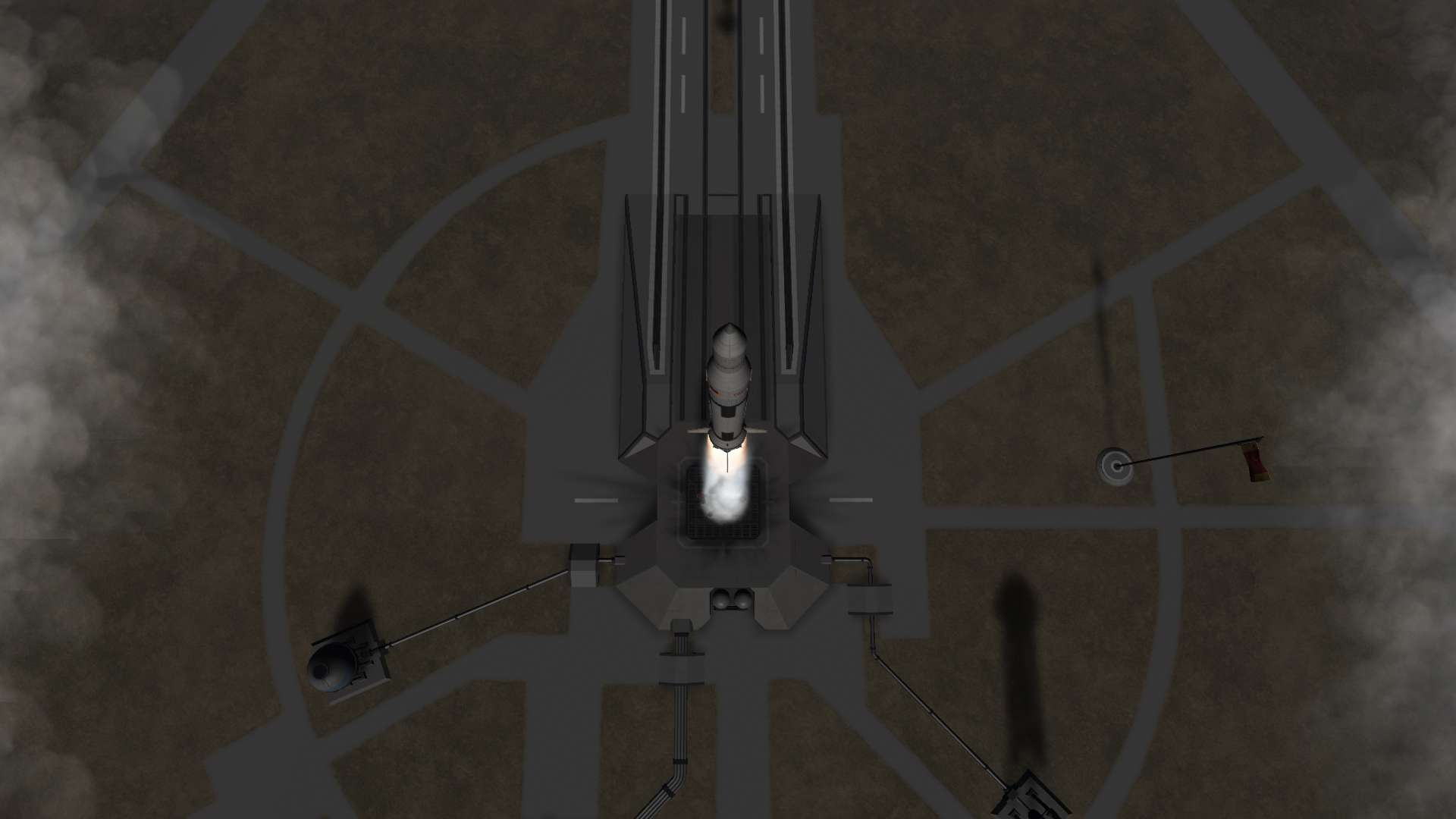 A very similar rocket, viewed from above, as it ascends.