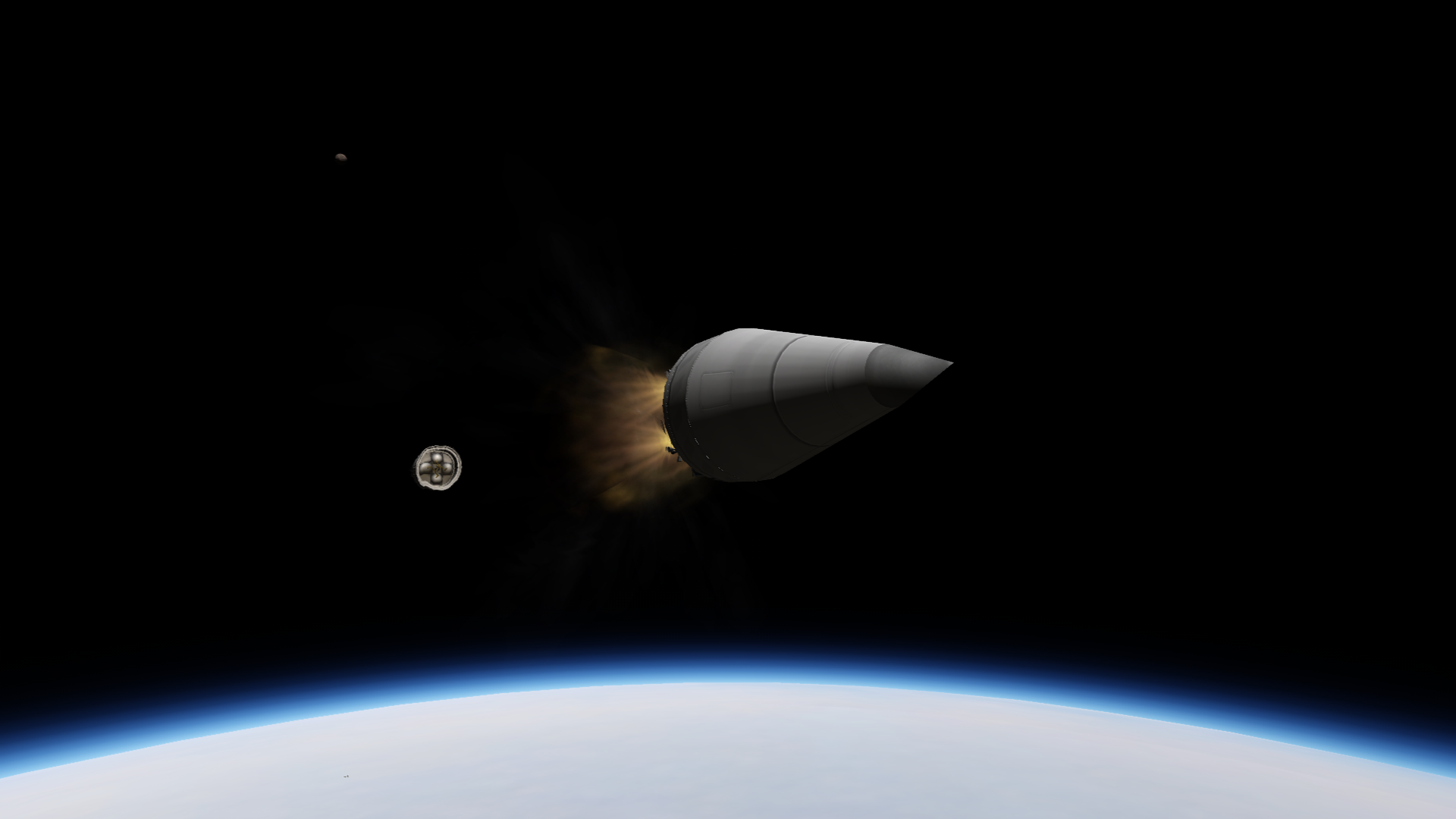 The rocket pack of the nosecone-satellite firing, leaving an orbital stage behind as the clouds of Derbin roll below and Derminmus looks on from above.