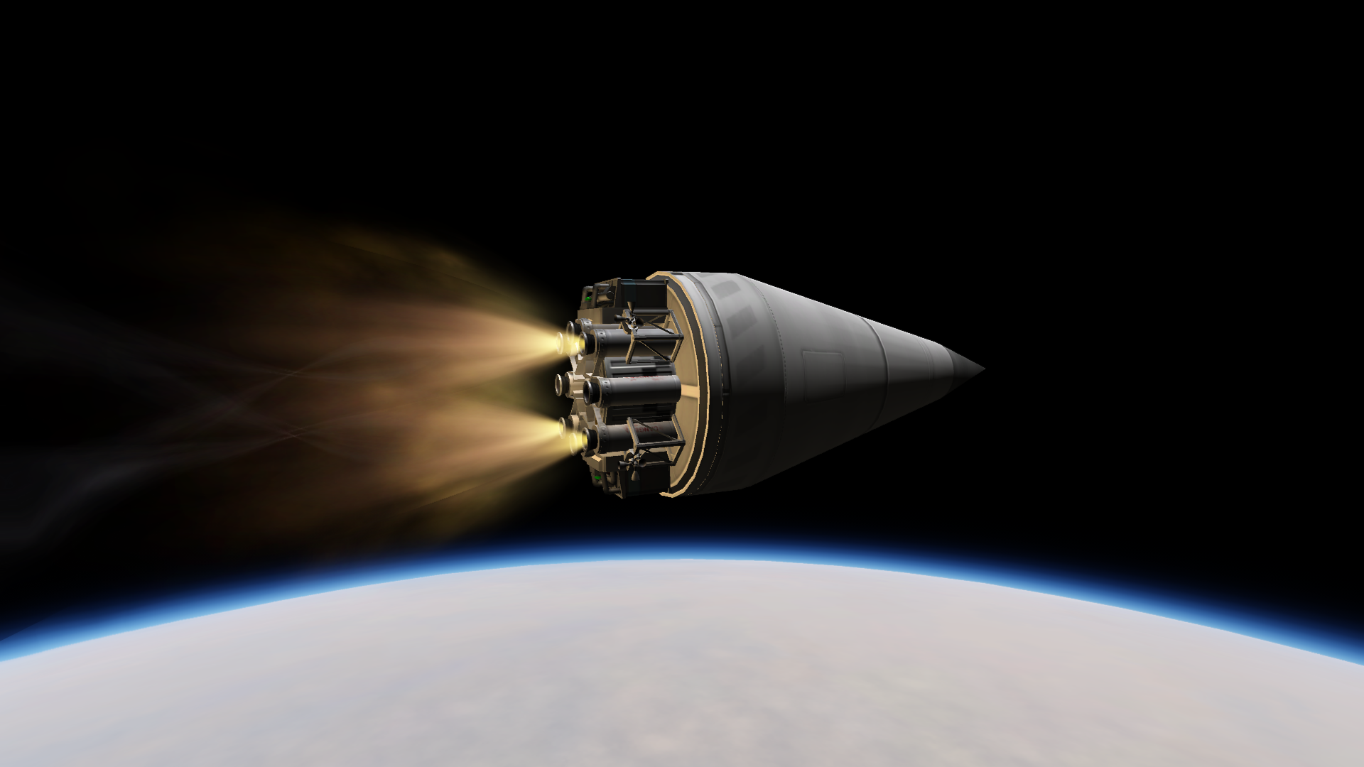 The same nosecone, its rocket and equipment pack firing four of its eight small boosters.