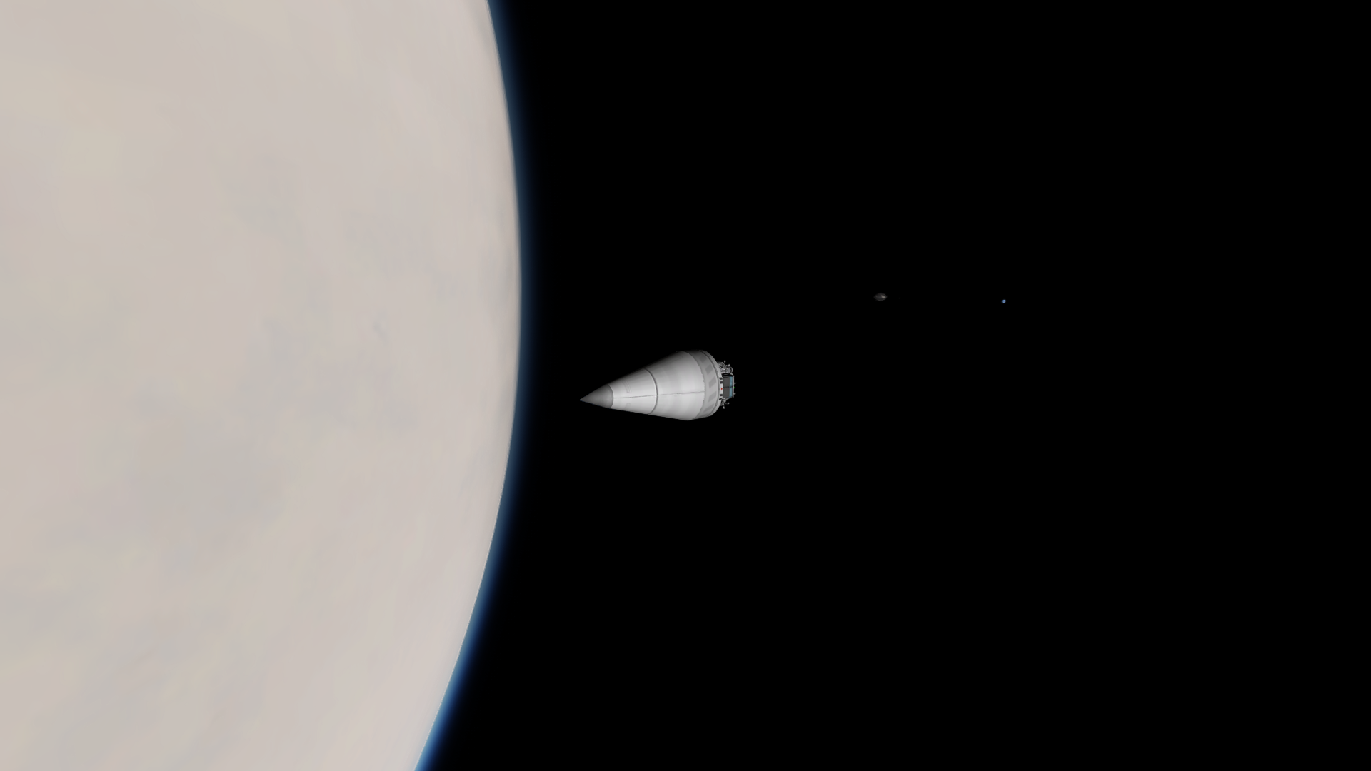 The nosecone in Derbin orbit, with Mesbin and Kerbmun tiny in the distance.