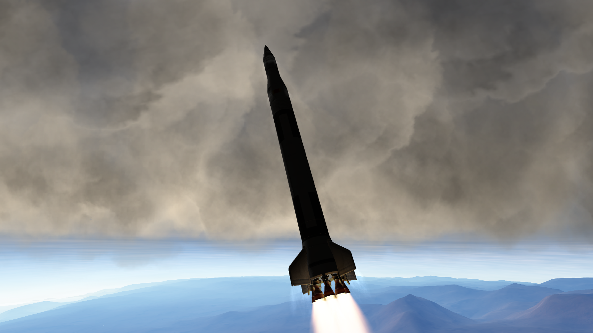 Another instance of the eight-engine wide-bottom rocket ascending through Derbin's upper cloud deck.