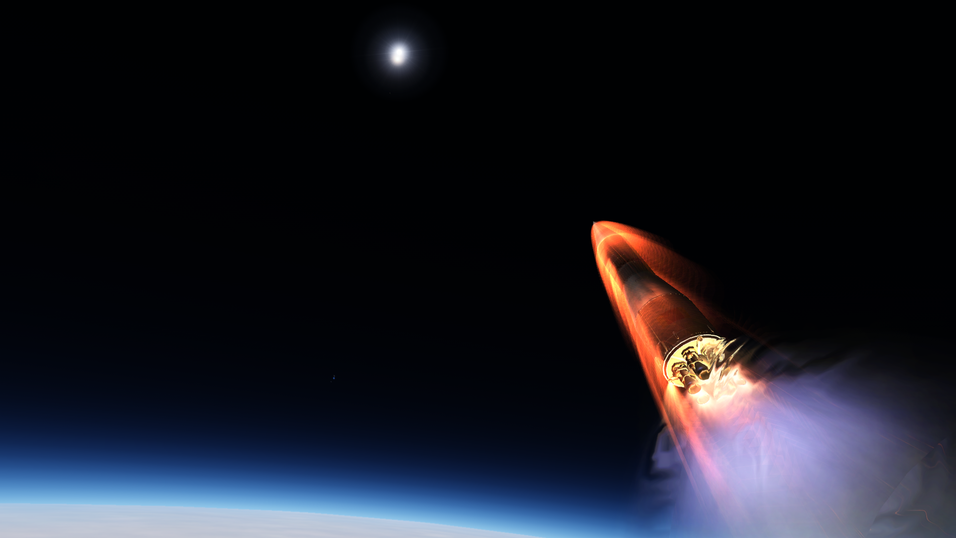 An upper stage pushing through the atmosphere, shedding flames.